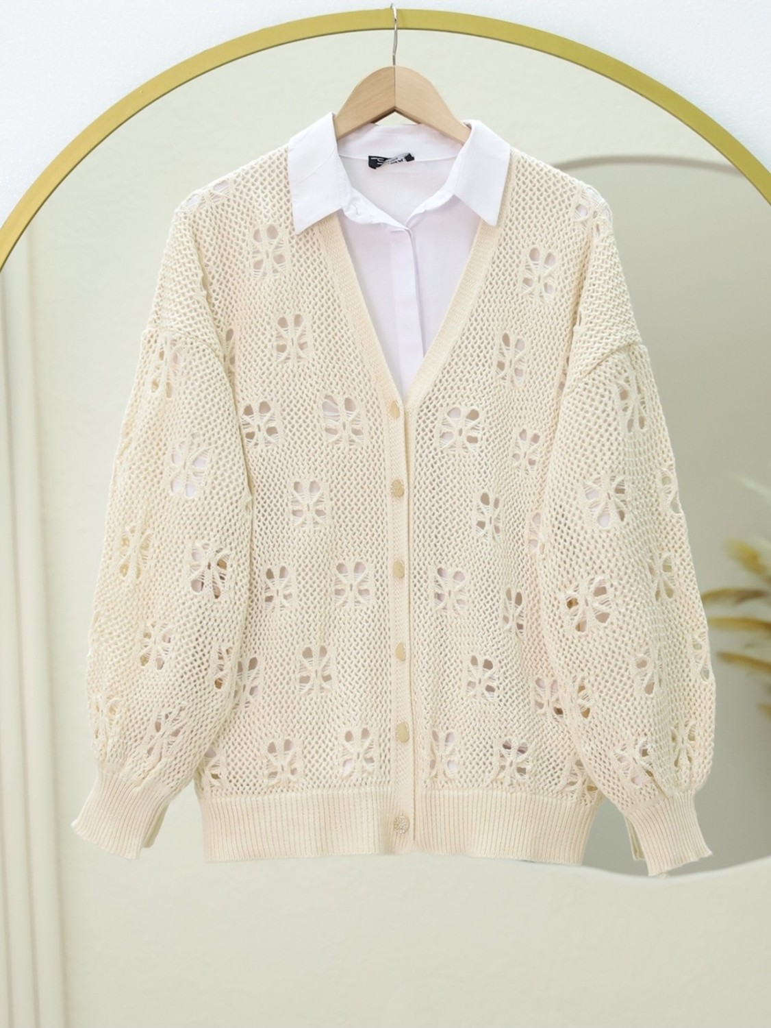 Moda Morfo Düğmeli Ajurlu Araboy Triko Hırka -Krem görsel 6