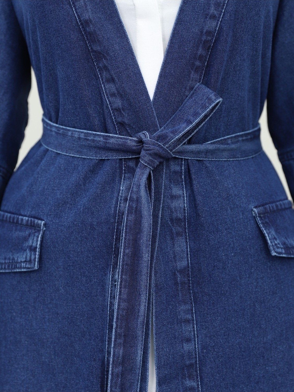 Moda Morfo Cep Detaylı Kuşaklı Kot Kap -İndigo görsel 4