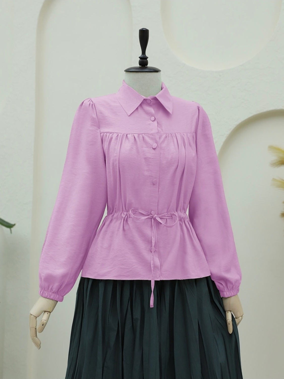 Moda Morfo Tünel Bağcıklı Düğmeli Gömlek Bluz -Pembe görsel 6