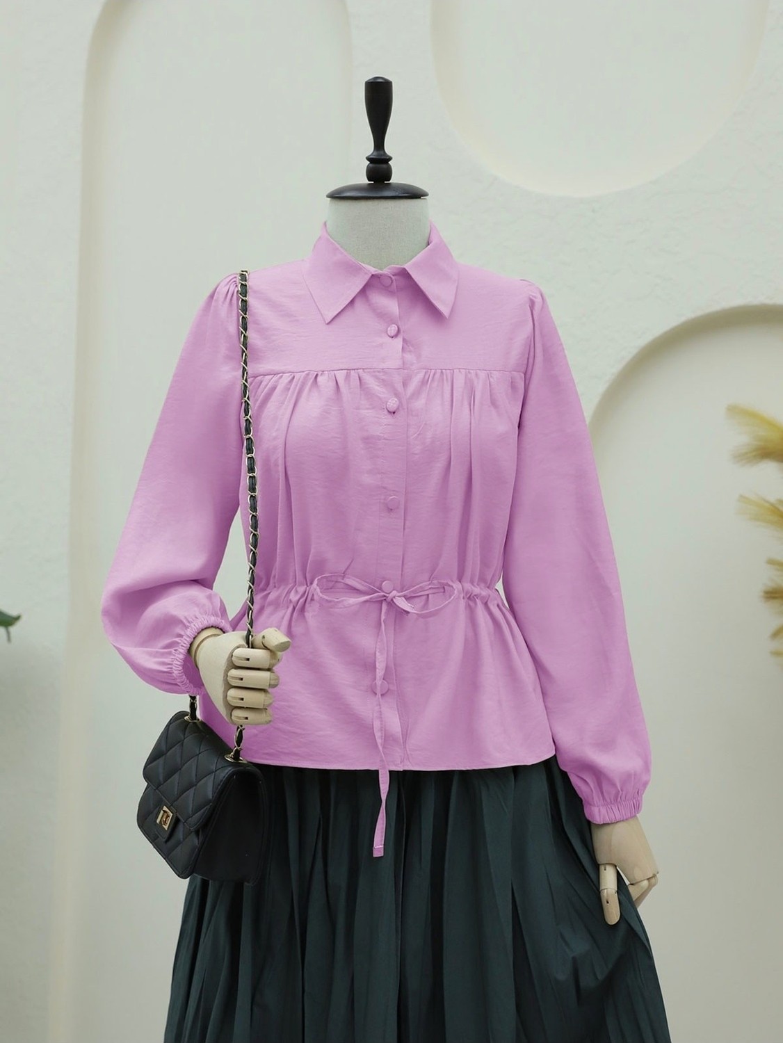 Moda Morfo Tünel Bağcıklı Düğmeli Gömlek Bluz -Pembe görsel 7