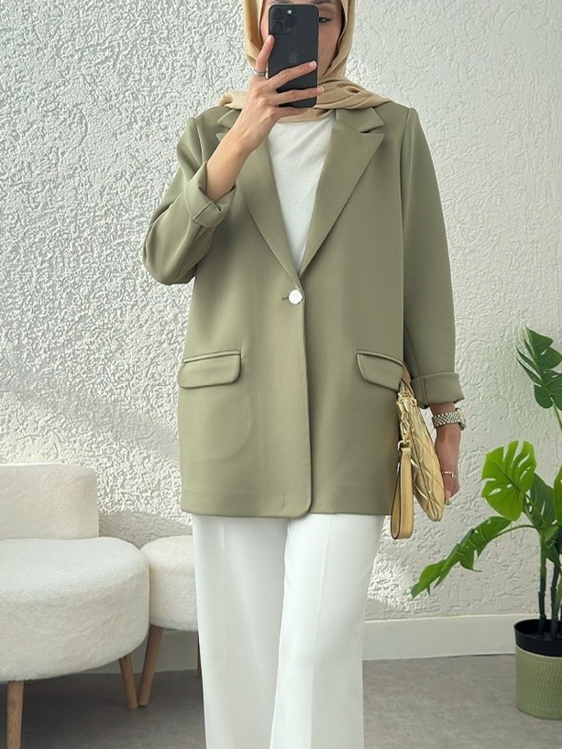 Moda Morfo Cepli Tek Düğmeli Likralı Ceket -Krem
