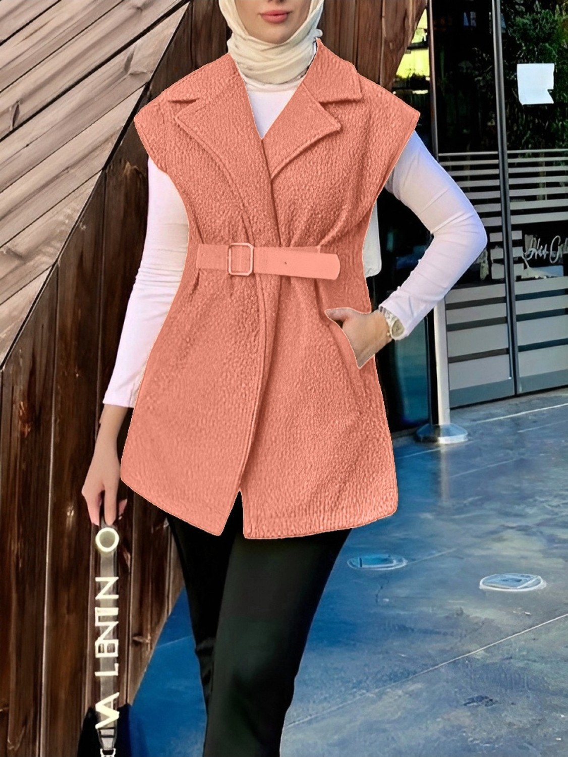Moda Morfo Kemer Detaylı Cepli Buklet Yelek -Somon