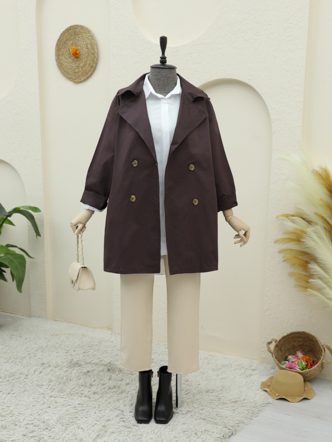 Moda Morfo Bolero Detaylı Düğmeli Ara Boy Trençkot -Mürdüm görsel 2