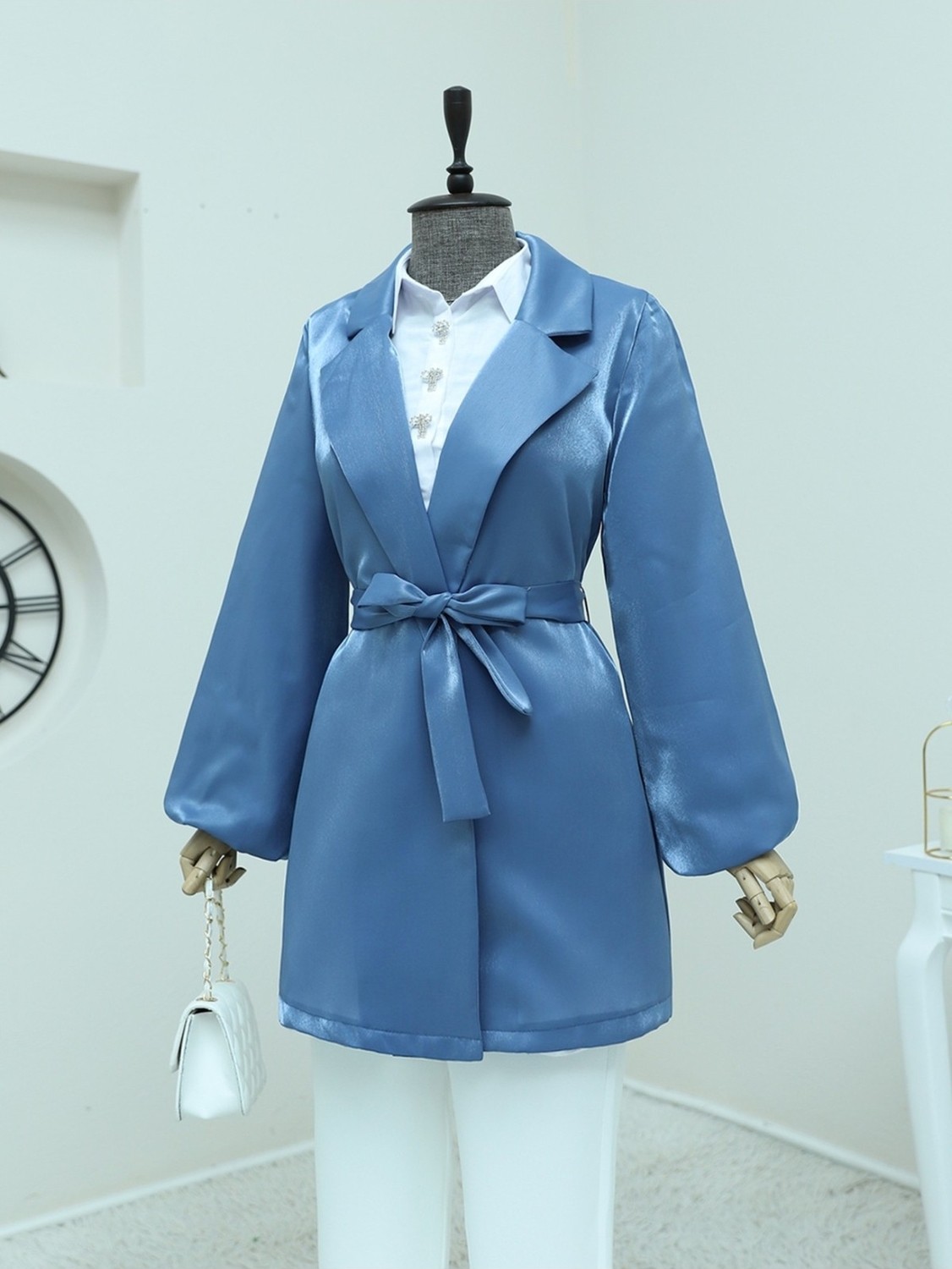 Moda Morfo Kolları Volanlı Bağcıklı Saten Ceket -İndigo