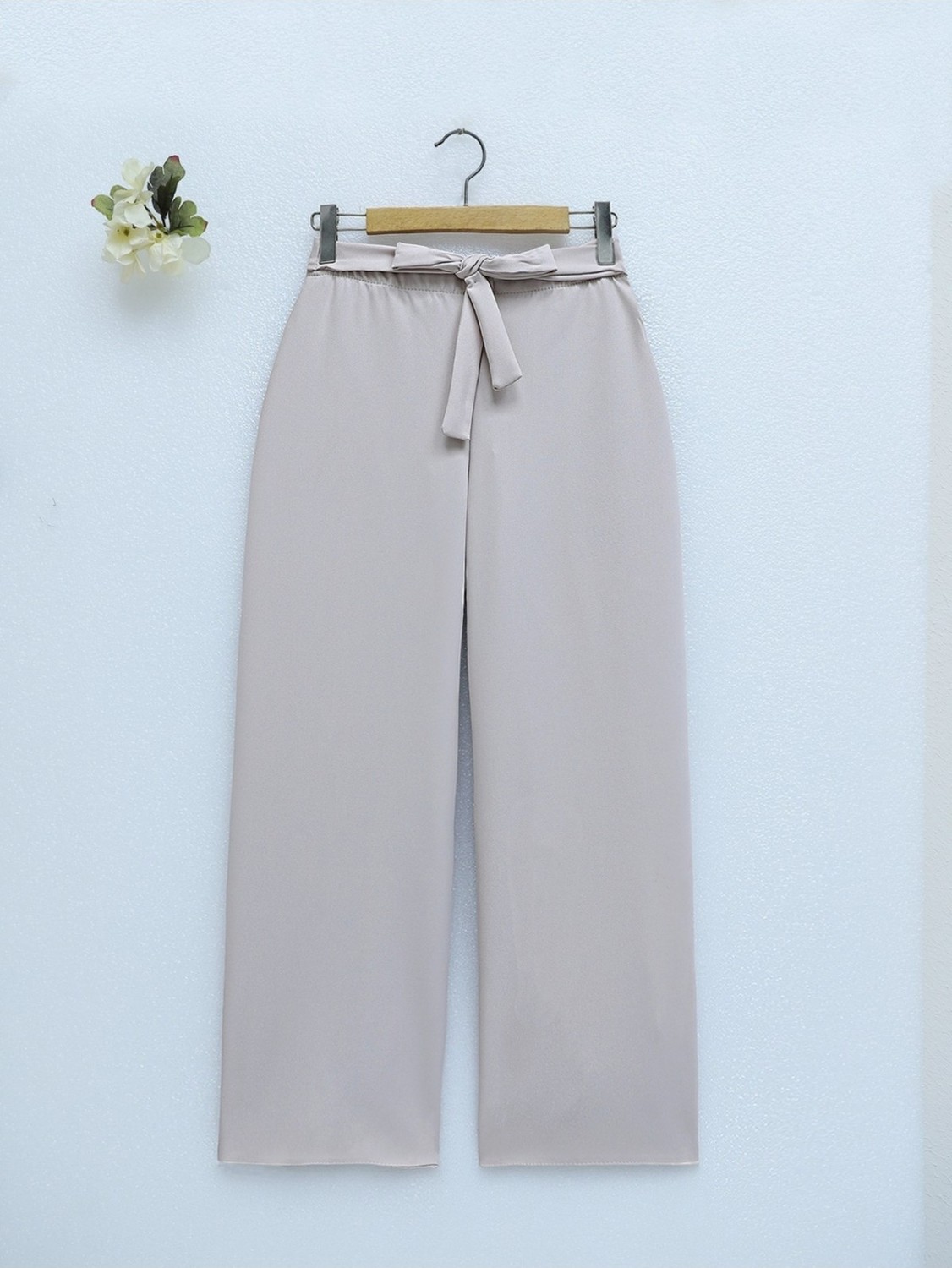 Moda Morfo Duble Kumaş Beli Kuşaklı Bol Paça Pantolon -Beyaz
