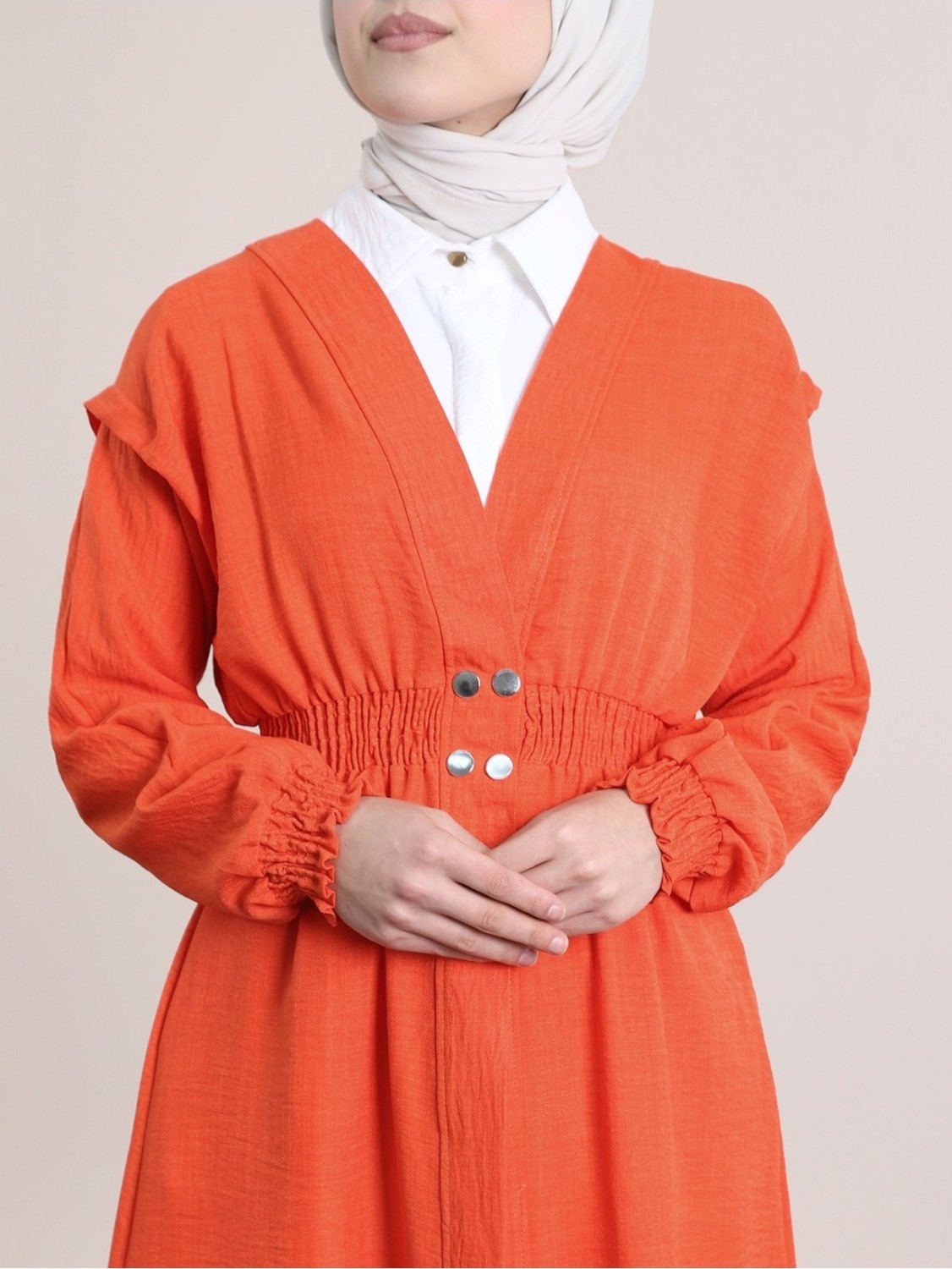 Moda Morfo Kolu ve Beli Lastikli Çıtçıtlı Keten Kap -Turuncu görsel 4