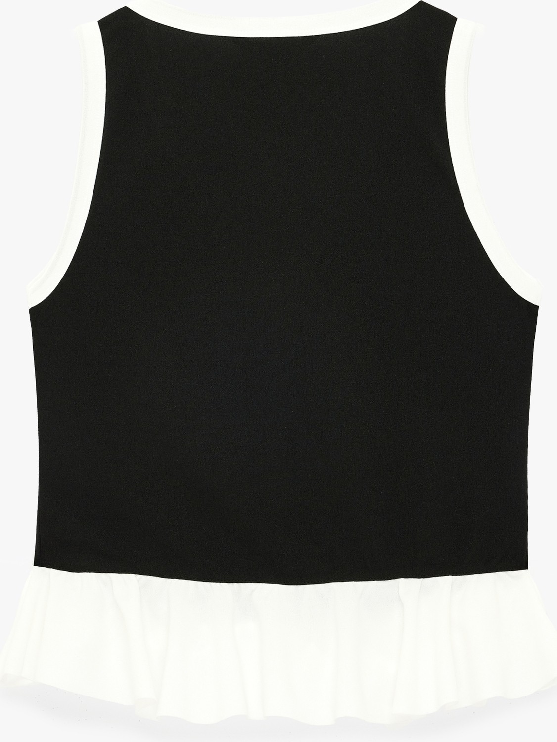 Koton Renk Kontrastlı Krep Scuba Kumaş Kolsuz Düğmeli V Yaka Fırfırlı Peplum Bluz görsel 5