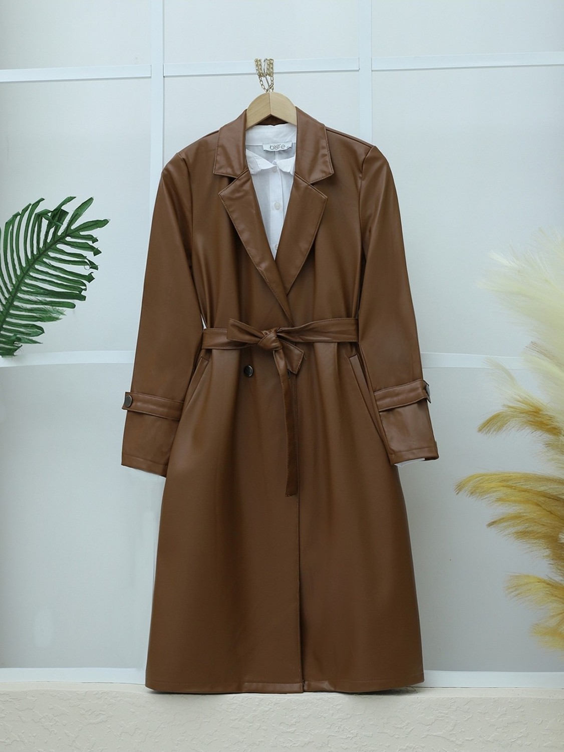 Moda Morfo Kemerli Yan Cepli Deri Trenckot -Kahve