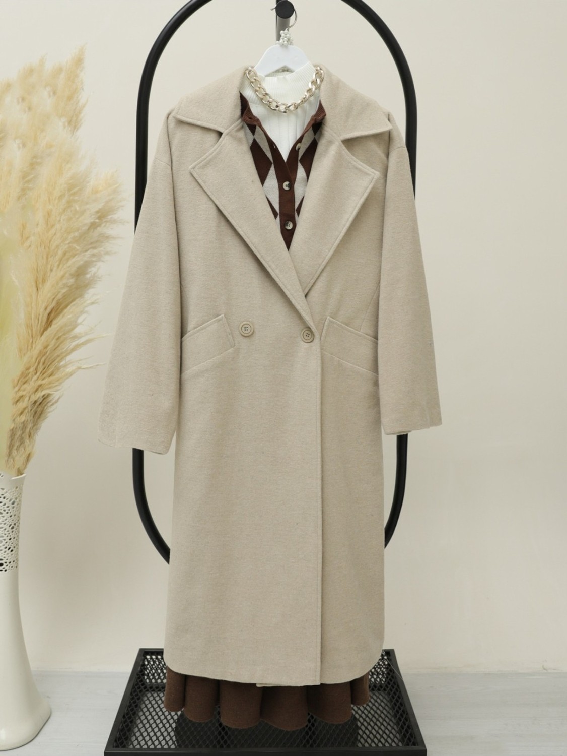 Moda Morfo Oversize Torba Cepli Astarlı Kaşe Kaban -Taş