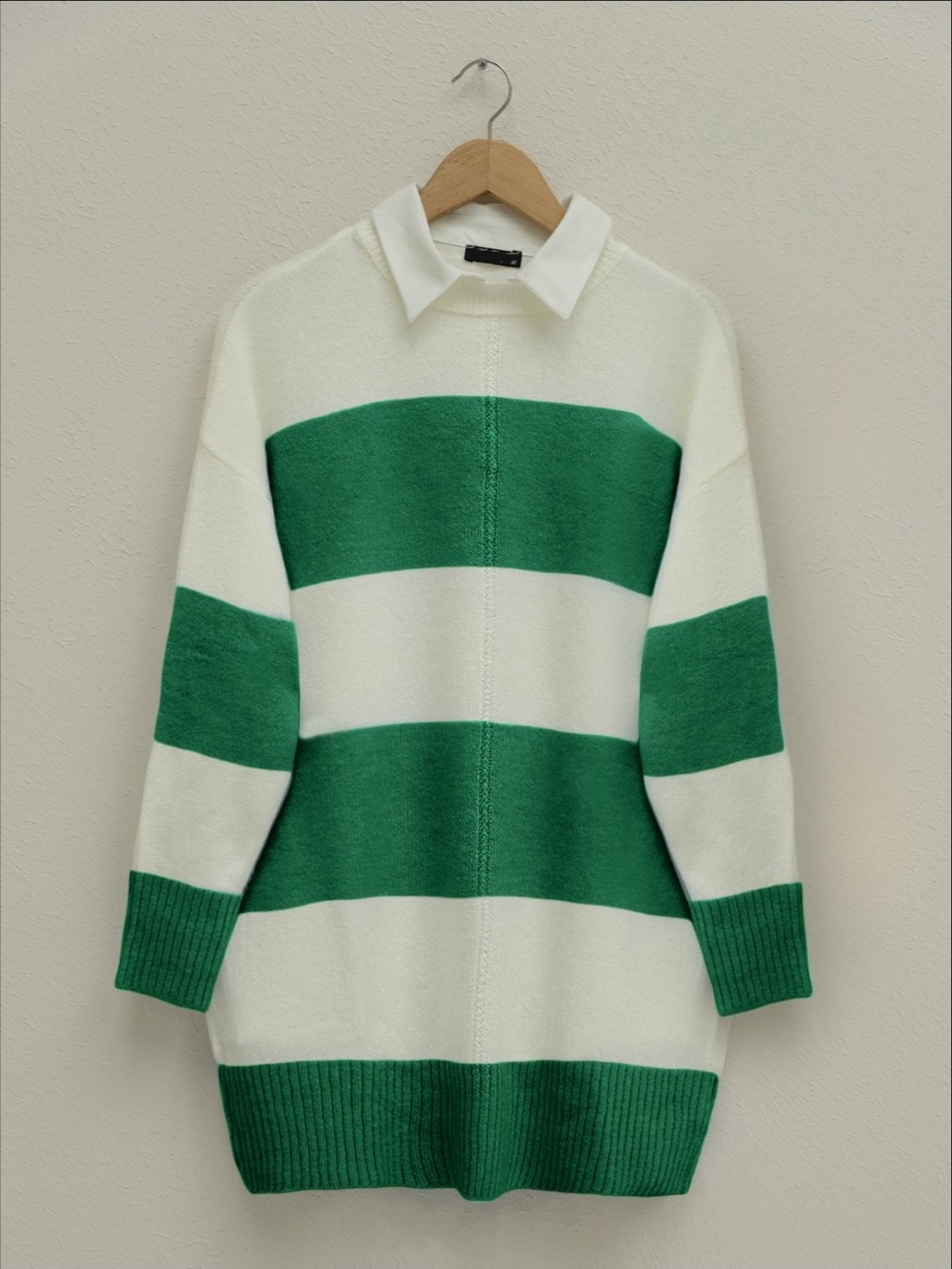 Moda Morfo Kalın Çizgili Triko Tunik -Yeşil görsel 6