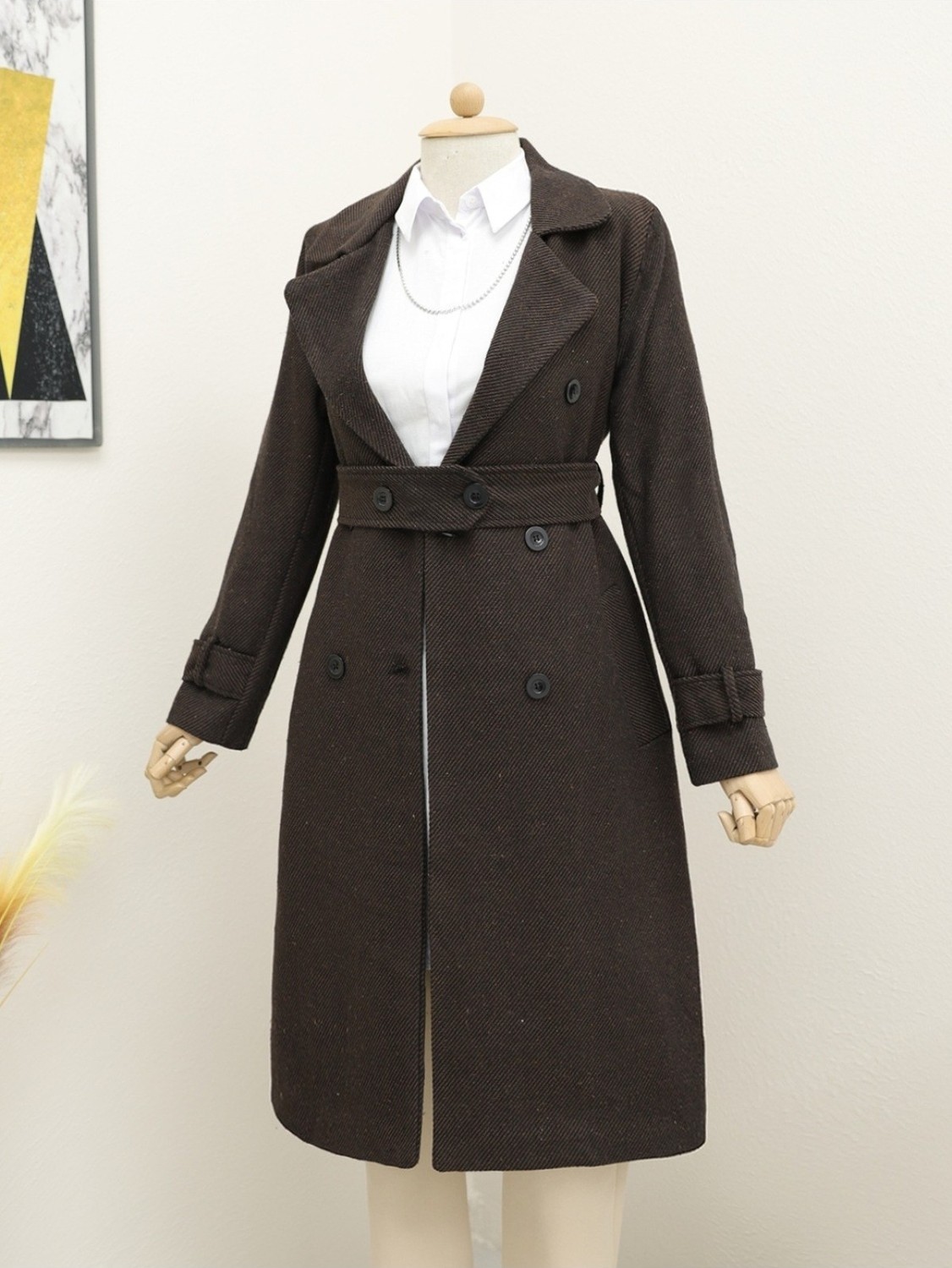 Moda Morfo Kemerli Astarlı Bolero Detaylı Kaban -Kahve görsel 8