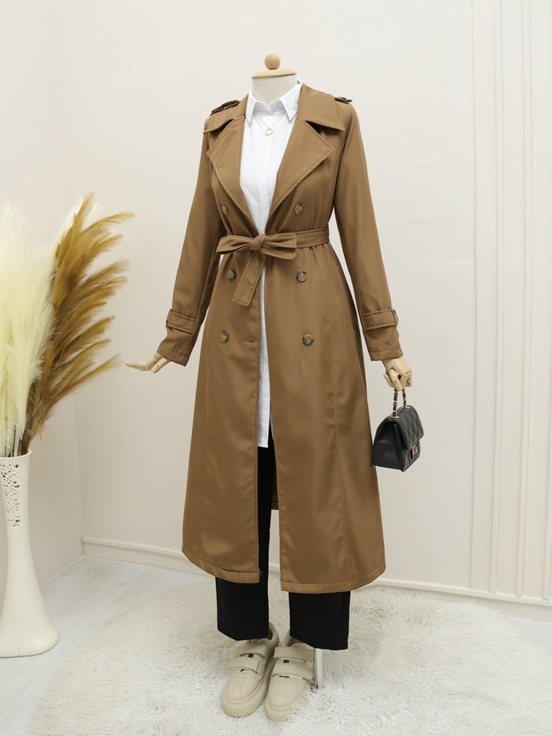 Moda Morfo Astarlı Kemerli Trenckot -Taş görsel 4