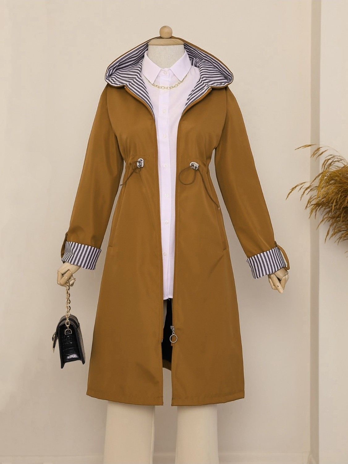 Moda Morfo Tünel Bağcıklı Kapşonlu Trenckot -Taba
