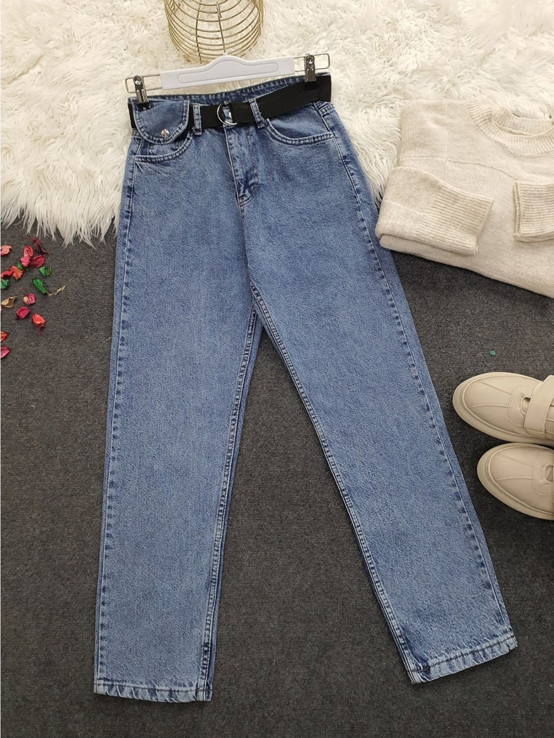 Moda Morfo Metal Tokalı Kemerli Çıt Çıt Detaylı Kot Pantolon -Gri görsel 2