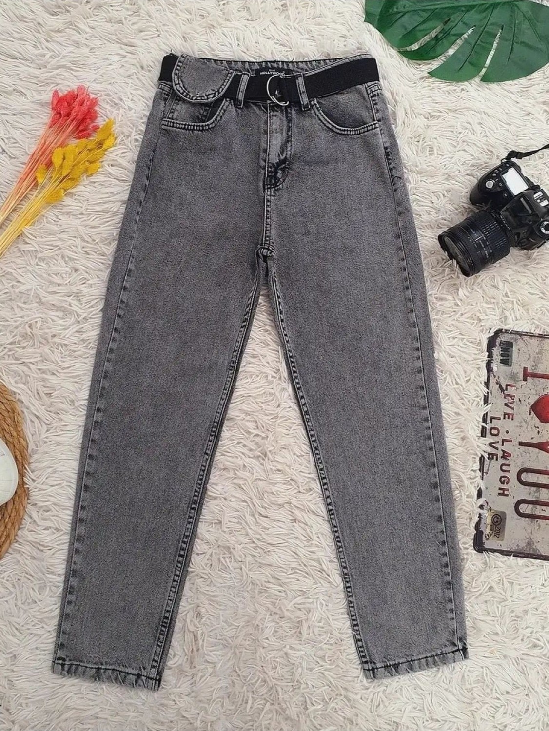 Moda Morfo Metal Tokalı Kemerli Çıt Çıt Detaylı Kot Pantolon -Gri görsel 5