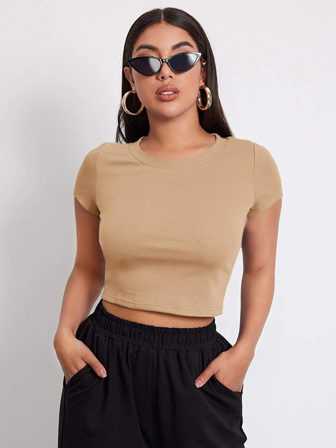 Öz Pamuk Kadın 2'li Adet Siyah Fitilli Bisiklet Yaka Kaşkorse Crop T-Shirt. görsel 4