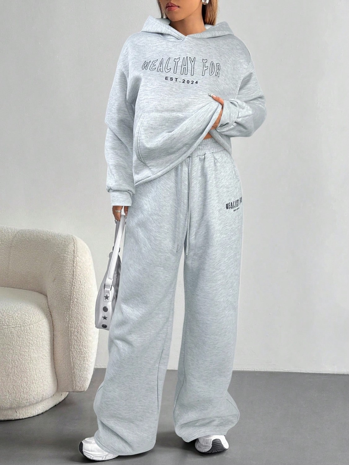Macklin Unisex Kadın Erkek Healty For Yazı Baskılı Oversize 3 Iplik Kapüşonlu Hoodie ve Baggy Eşofman Altı