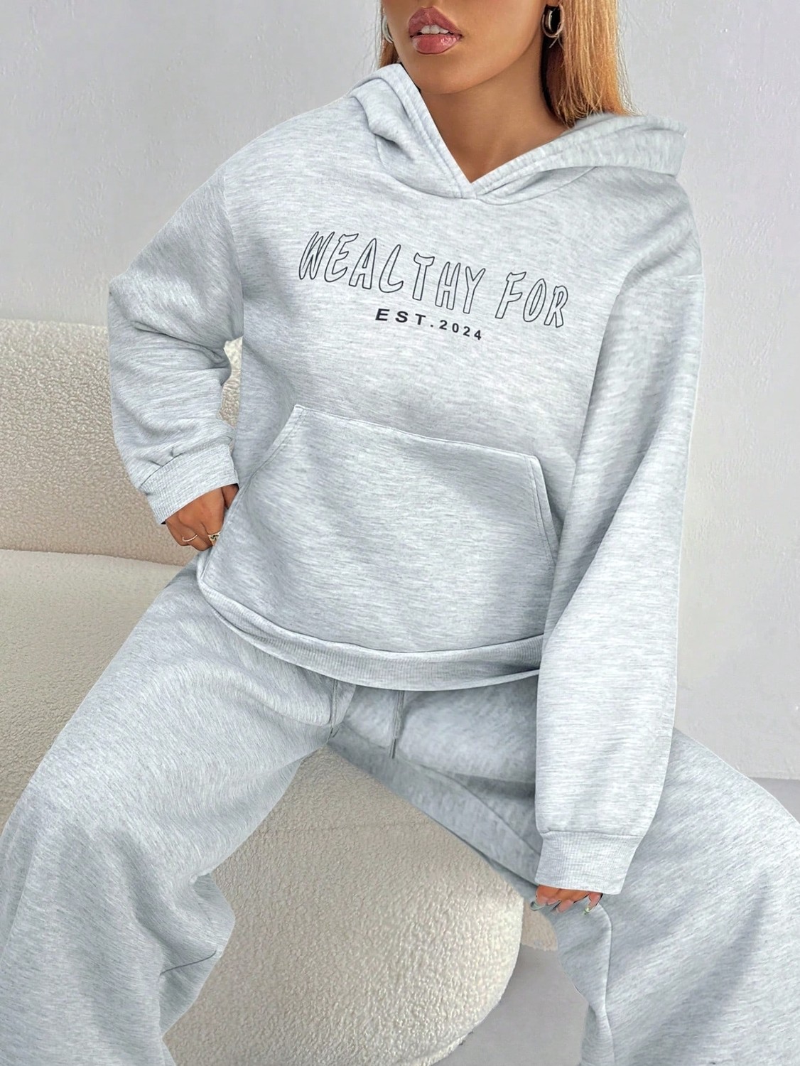 Macklin Unisex Kadın Erkek Healty For Yazı Baskılı Oversize 3 Iplik Kapüşonlu Hoodie ve Baggy Eşofman Altı görsel 2