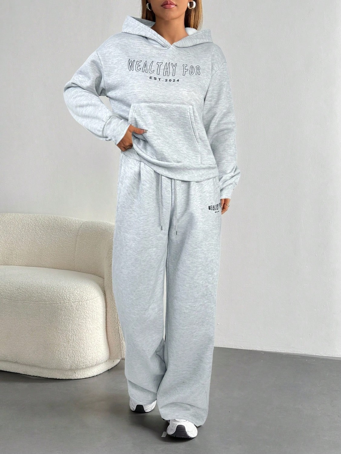 Macklin Unisex Kadın Erkek Healty For Yazı Baskılı Oversize 3 Iplik Kapüşonlu Hoodie ve Baggy Eşofman Altı görsel 3