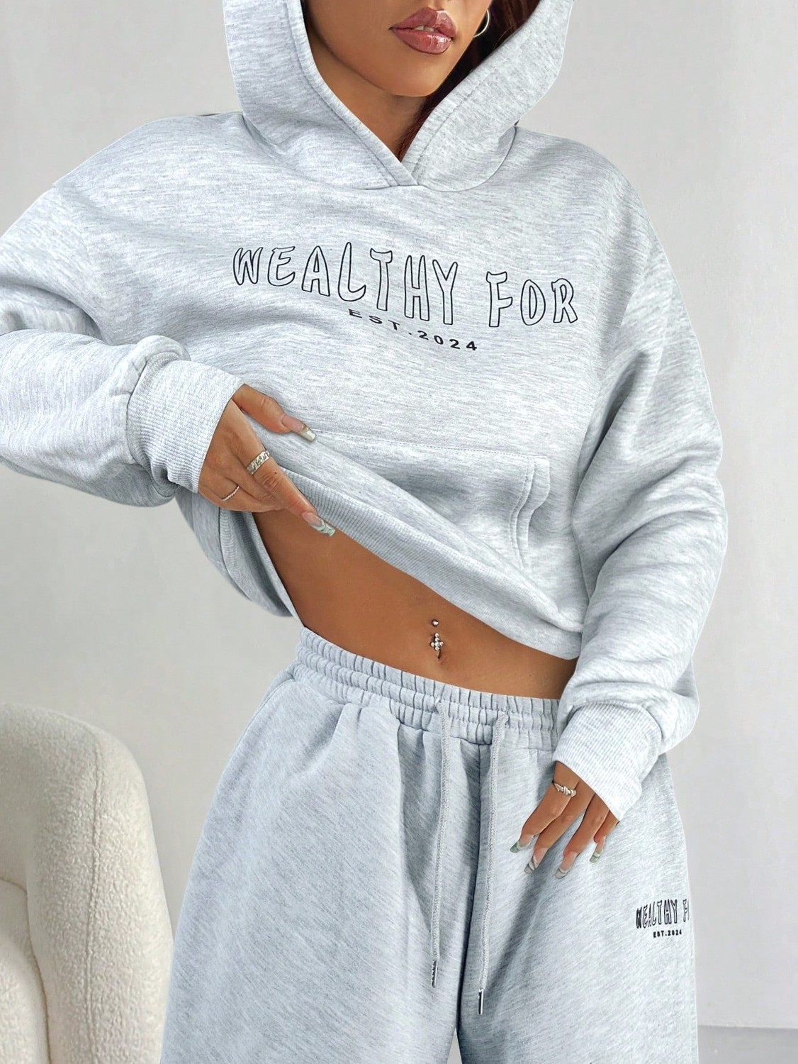 Macklin Unisex Kadın Erkek Healty For Yazı Baskılı Oversize 3 Iplik Kapüşonlu Hoodie ve Baggy Eşofman Altı görsel 5
