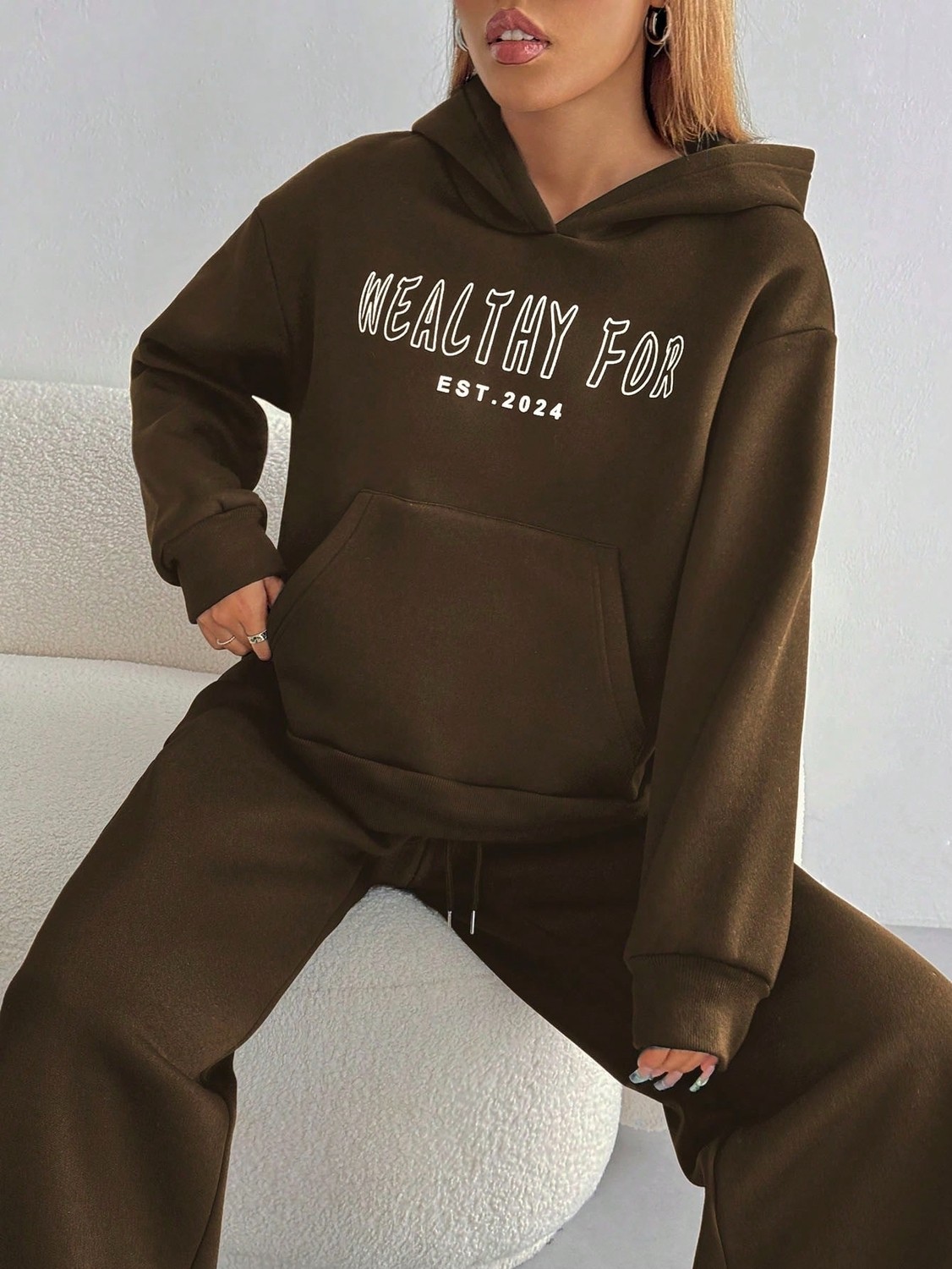 Macklin Unisex Kadın Erkek Healty For Yazı Baskılı Oversize 3 Iplik Kapüşonlu Hoodie ve Baggy Eşofman Altı görsel 6