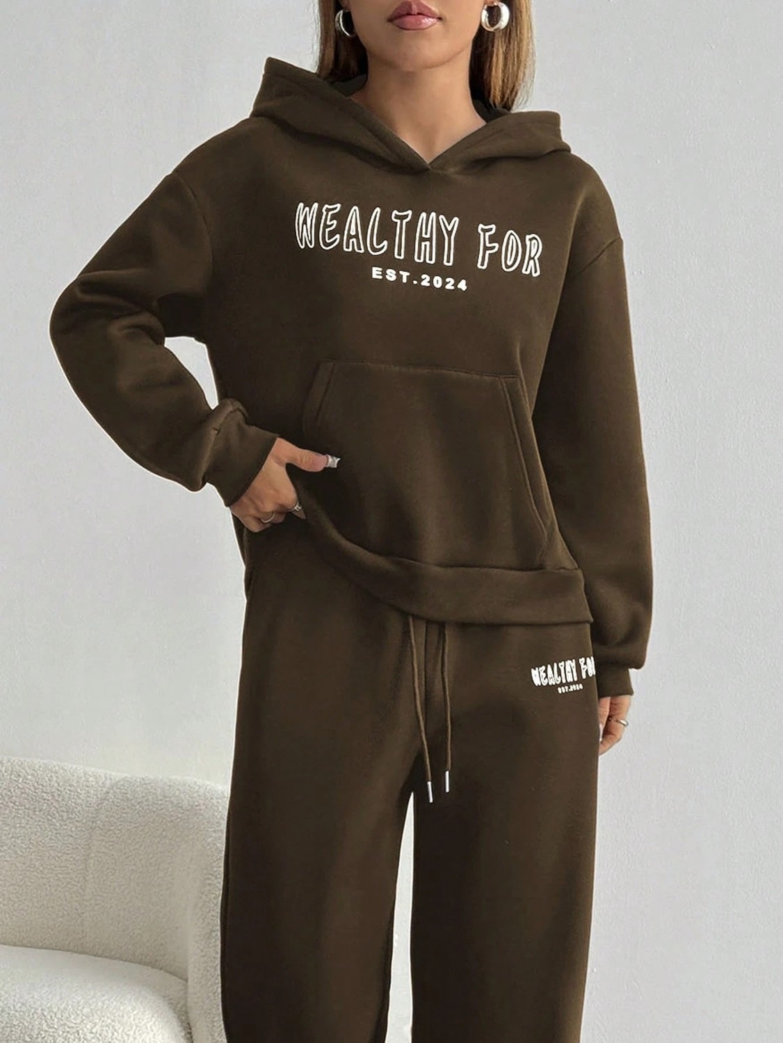 Macklin Unisex Kadın Erkek Healty For Yazı Baskılı Oversize 3 Iplik Kapüşonlu Hoodie ve Baggy Eşofman Altı görsel 8