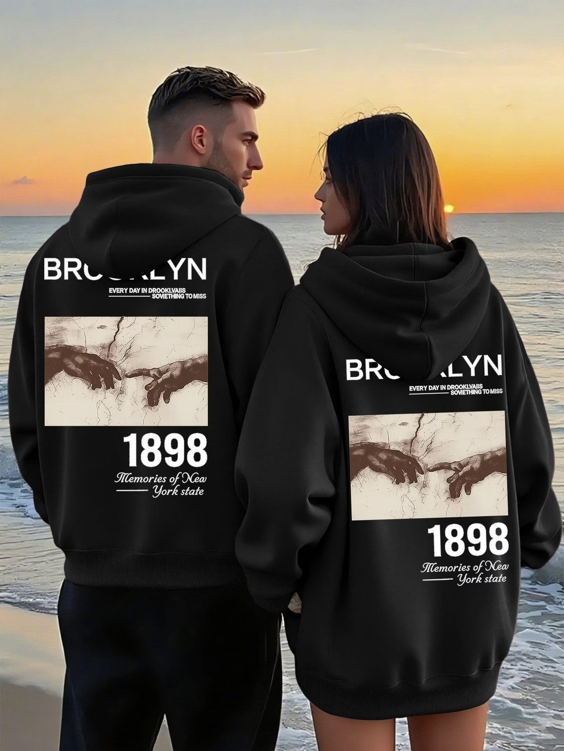 Macklin Sevgili - Arkadaş Çift Kombini Brooklyn 1898 Sırt Baskılı Özel Tasarım Kapüşonlu Sweatshirt 2li Takım görsel 4