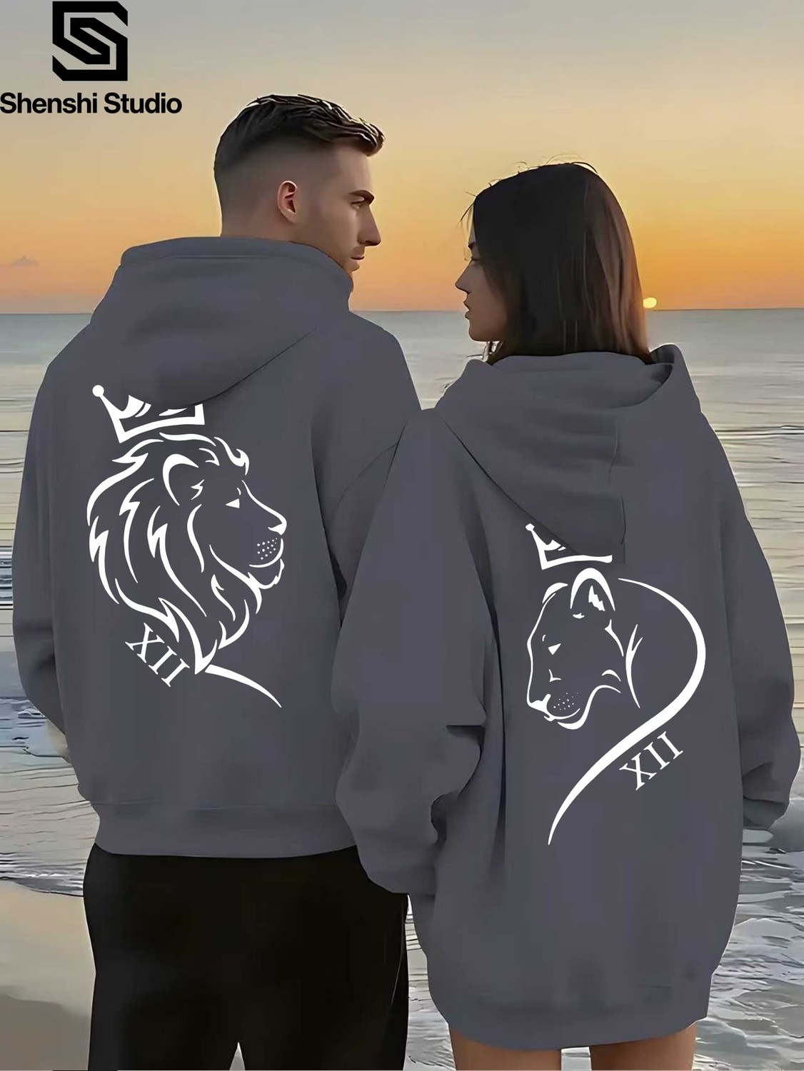Macklin Sevgili - Arkadaş Çift Kombini Aslan Çift Sırt Baskılı Özel Tasarım Kapüşonlu Sweatshirt 2li Takım görsel 7