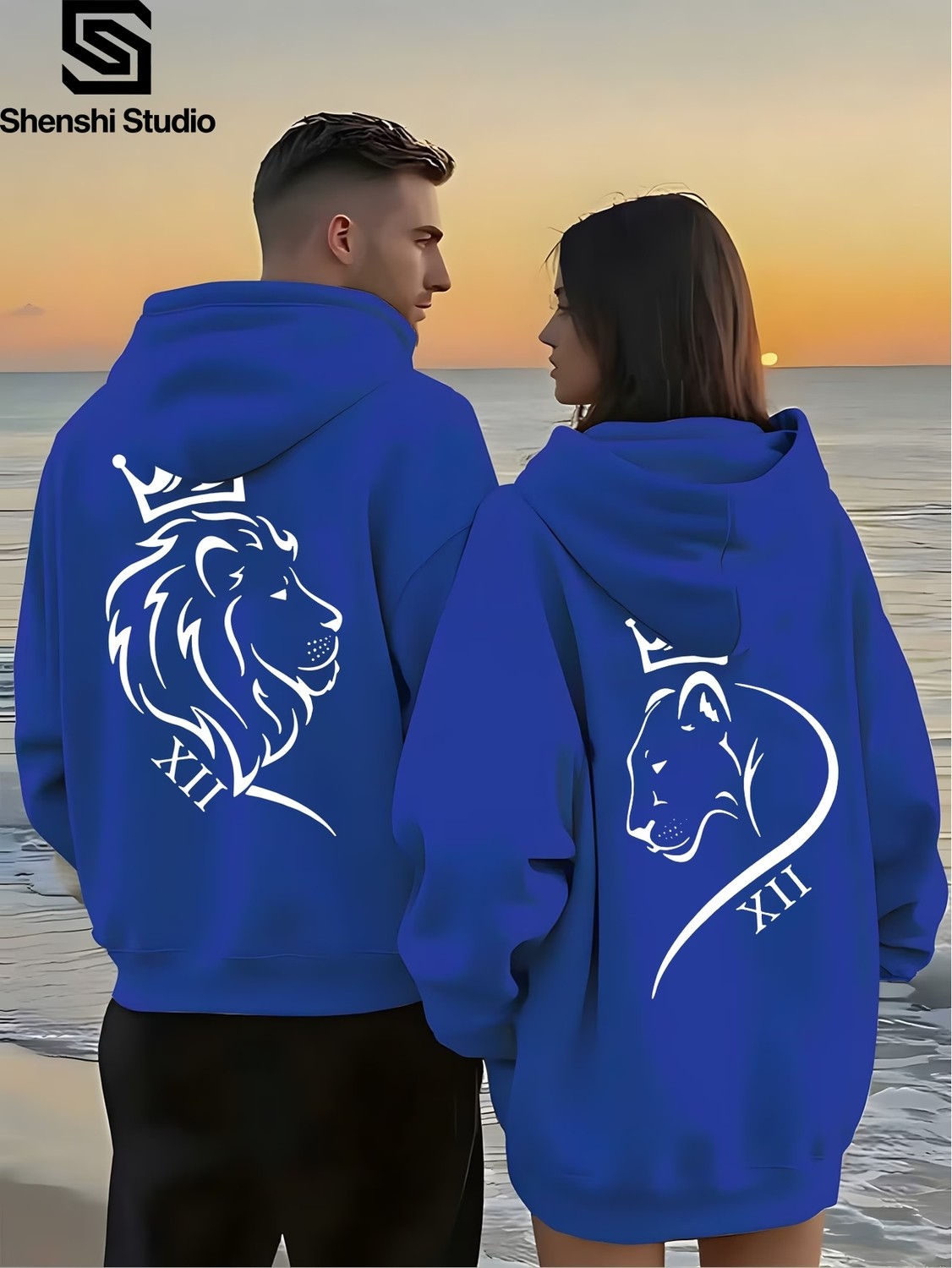 Macklin Sevgili - Arkadaş Çift Kombini Aslan Çift Sırt Baskılı Özel Tasarım Kapüşonlu Sweatshirt 2li Takım