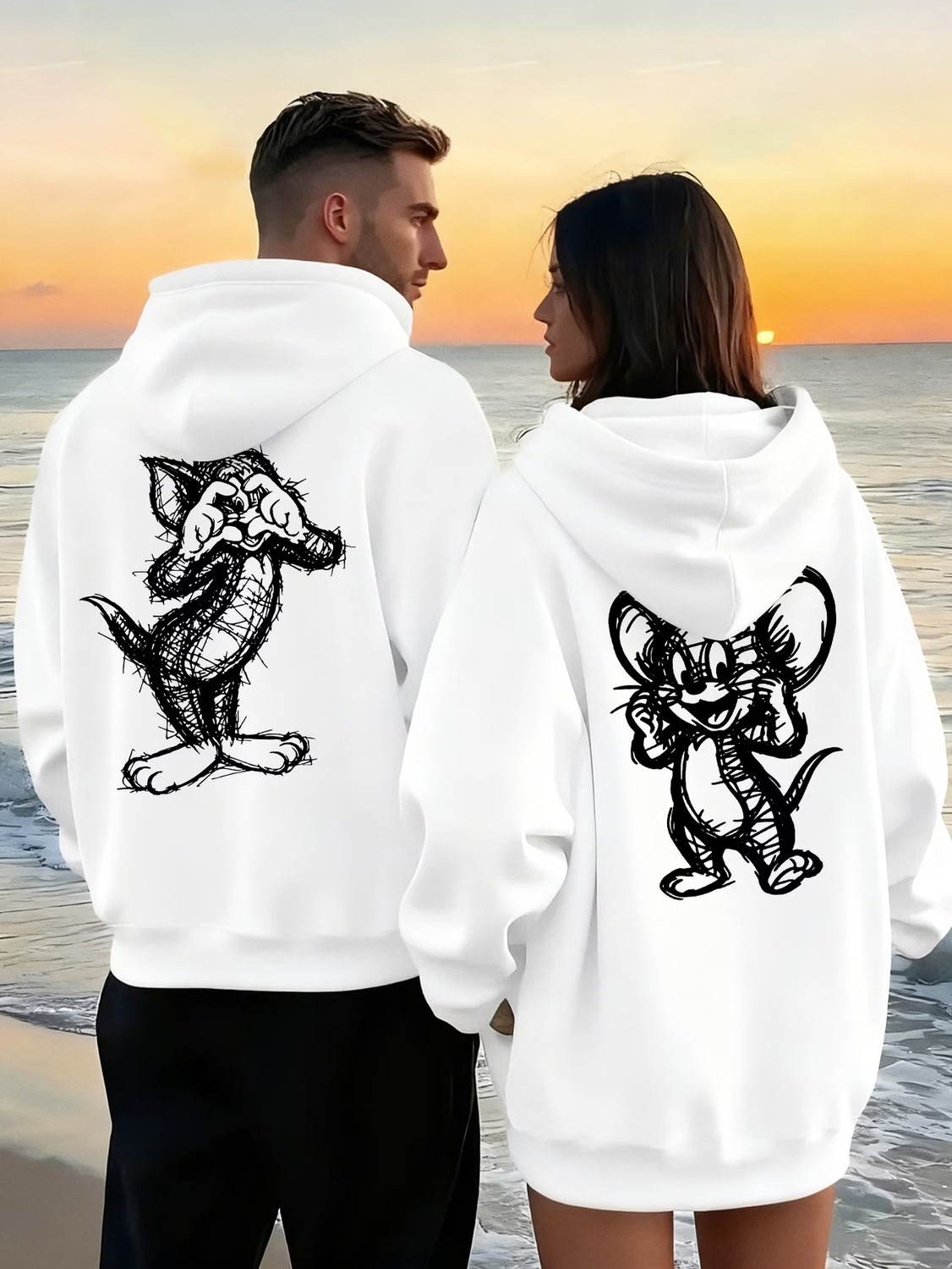 Macklin Sevgili - Arkadaş Çift Kombini Tom ve Jerry Sırt Baskılı Özel Tasarım Kapüşonlu Sweatshirt 2li Takım görsel 7