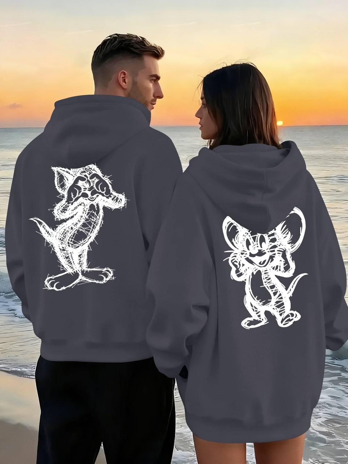 Macklin Sevgili - Arkadaş Çift Kombini Tom ve Jerry Sırt Baskılı Özel Tasarım Kapüşonlu Sweatshirt 2li Takım