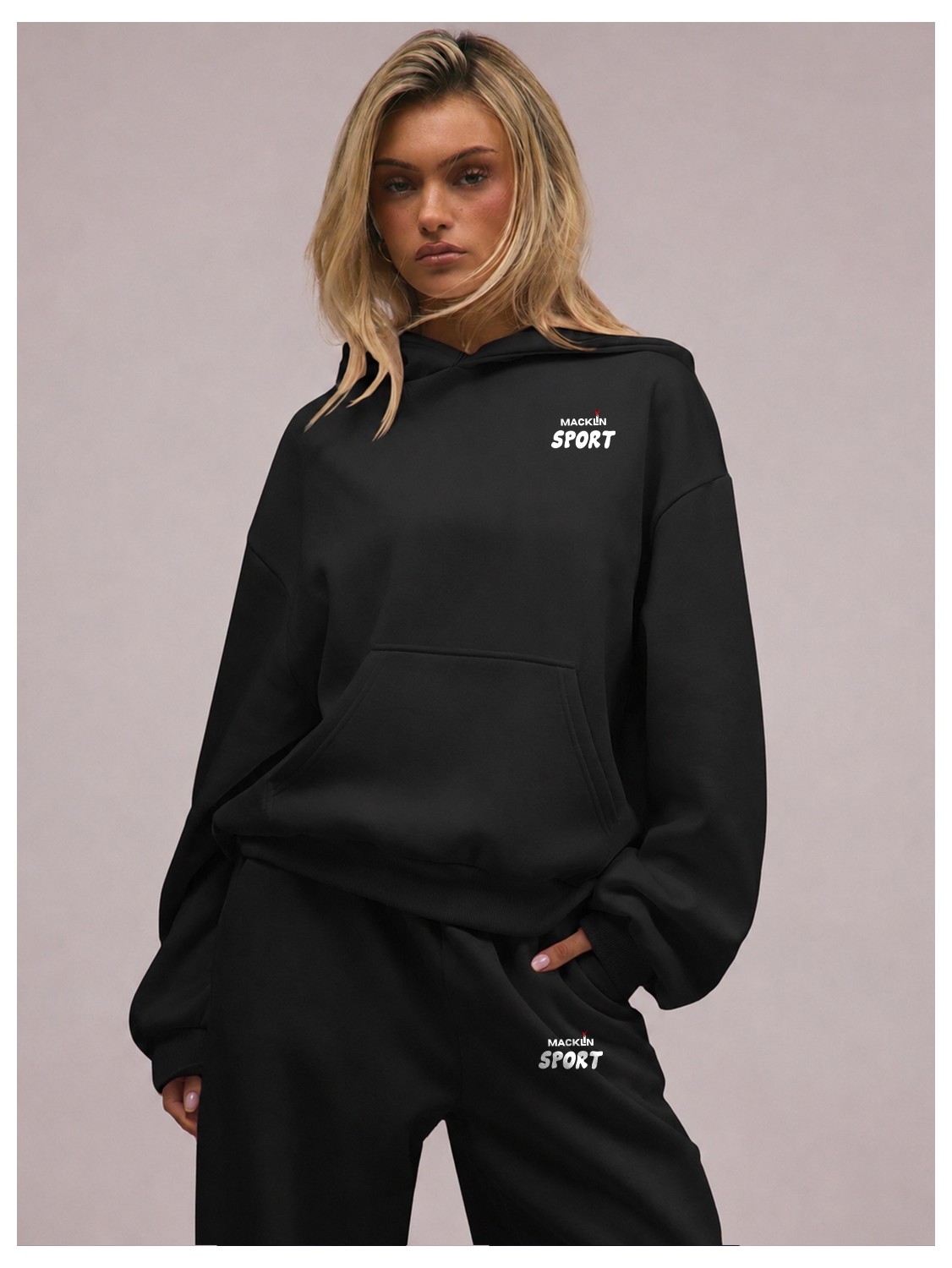 Macklin Unisex Kadın Erkek Macklin Sport Minimal Yazı Baskılı Oversize 3 Iplik Kapüşonlu Sweatshirt ve Baggy Eşofman Altı görsel 7