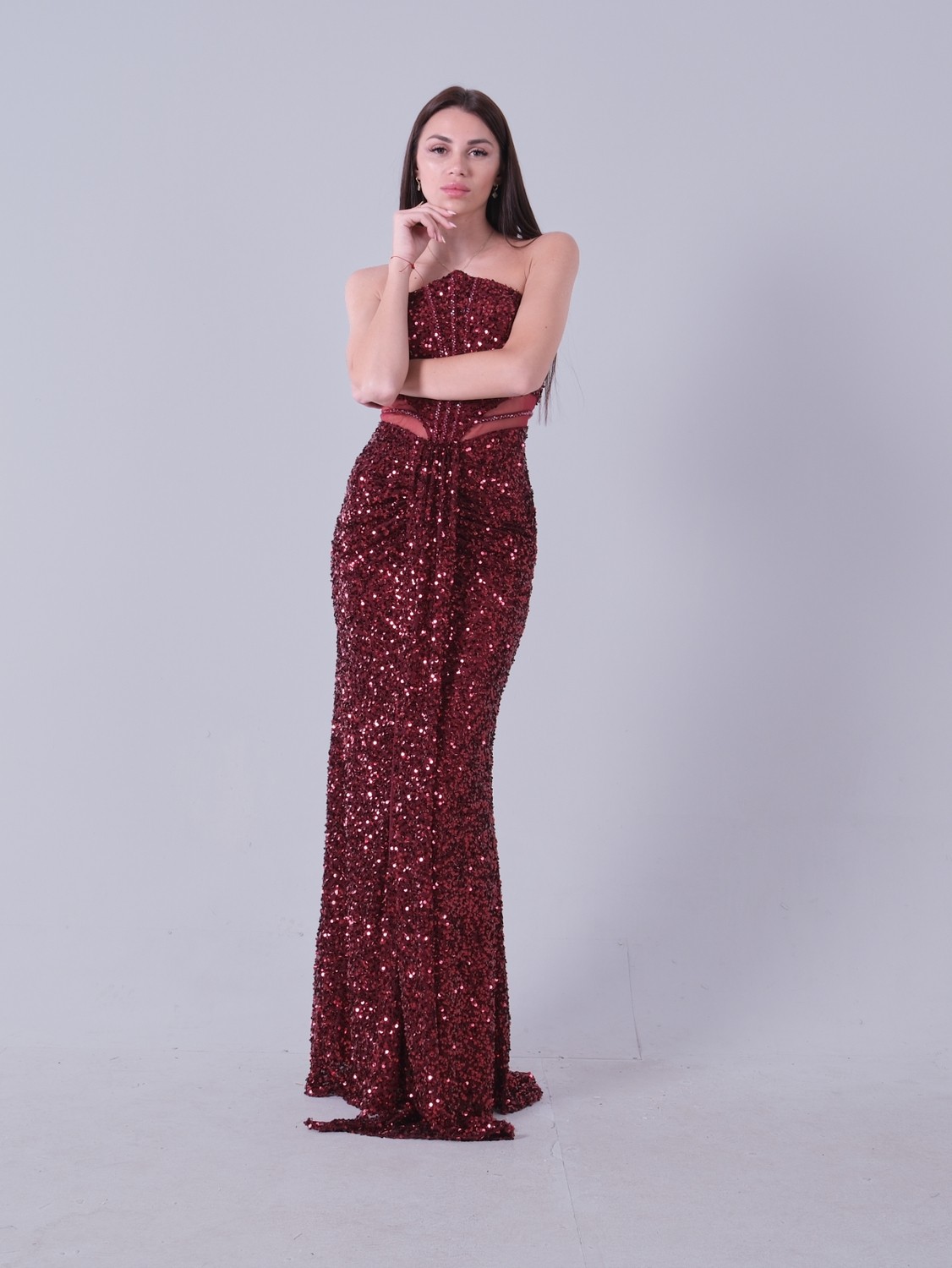 Feminist Saks Önü Taş Detaylı Yırtmaçlı Pul Payet Straplez Abiye 0801163 görsel 2