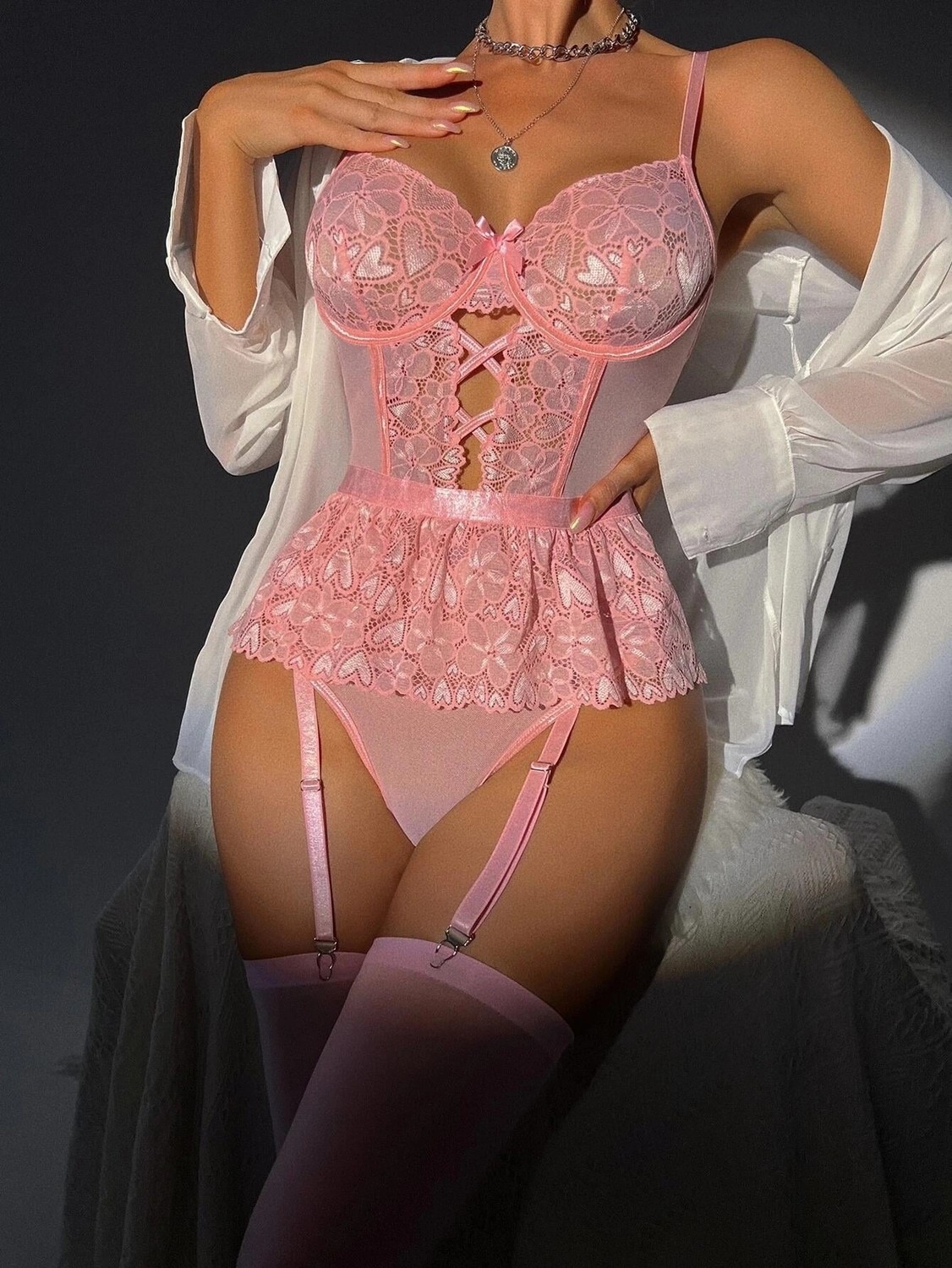 Luna Lora Kadın Pembe Kalp Desenli Jartiyer Takımı Dantel Detaylı Fantezi Iç Giyim Özel Tasarım görsel 5