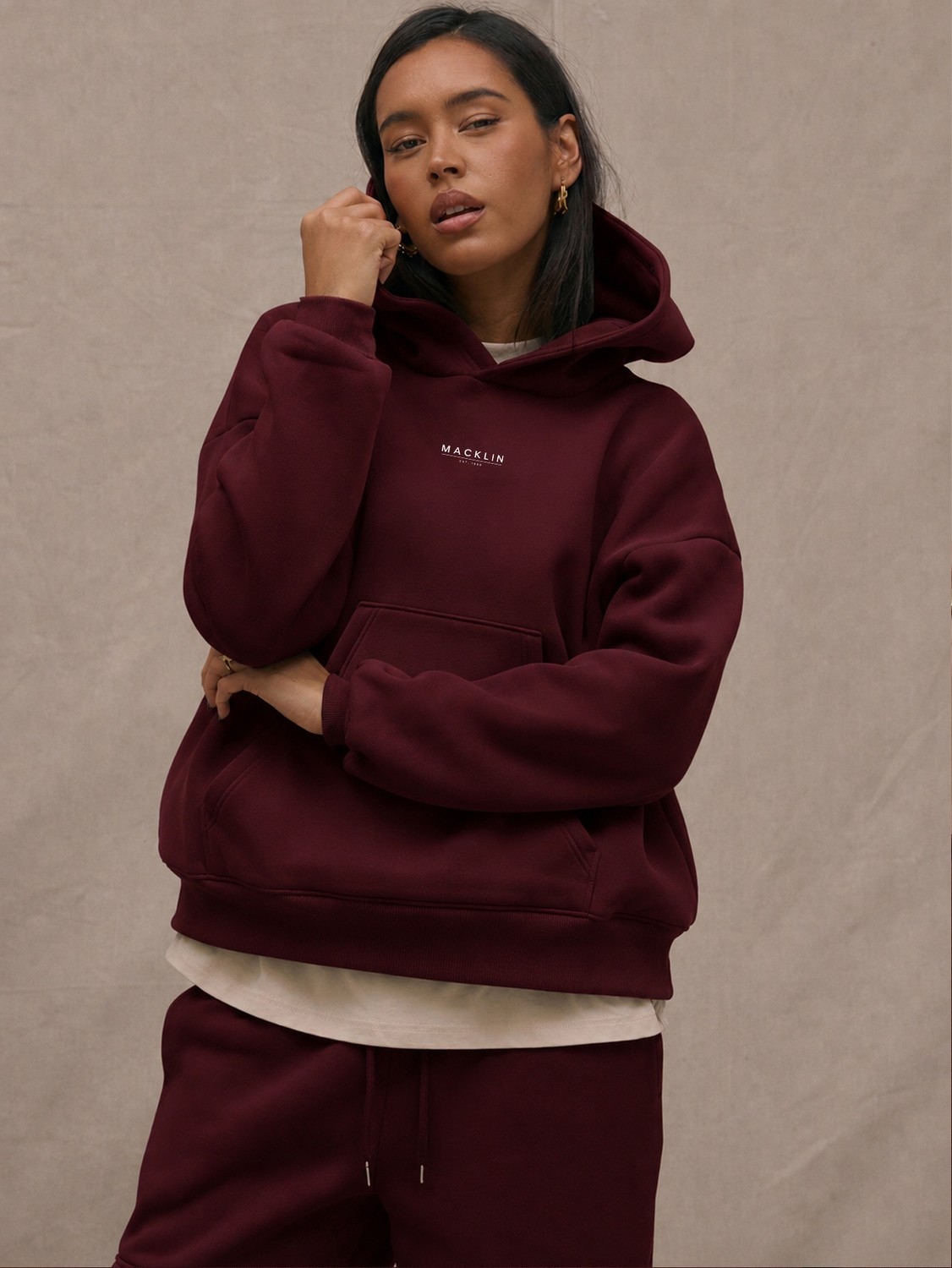 Macklin Unisex Kadın Erkek Minimal Yazı Baskılı Oversize 3 Iplik Kapüşonlu Sweatshirt ve Baggy Eşofman Altı görsel 5