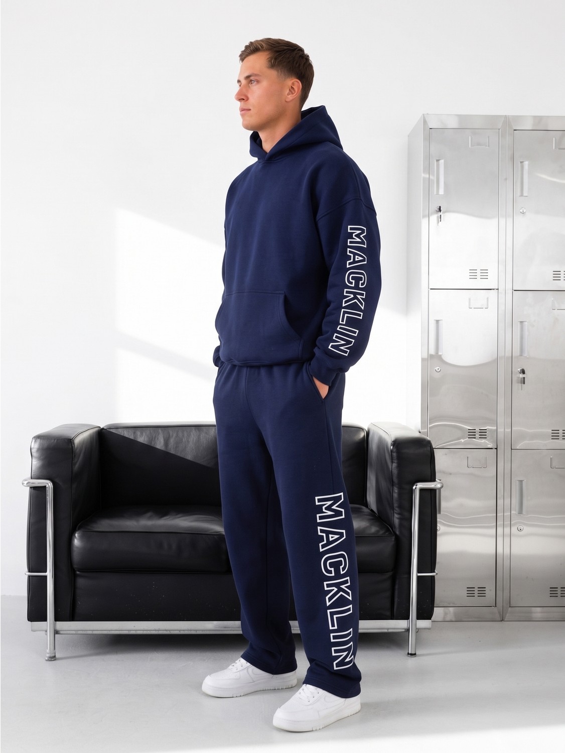 Macklin Unisex Kadın Erkek Macklin Yazı Kol ve Paça Baskılı Oversize 3 Iplik Kapüşonlu Sweatshirt ve Baggy Eşofman Altı görsel 3