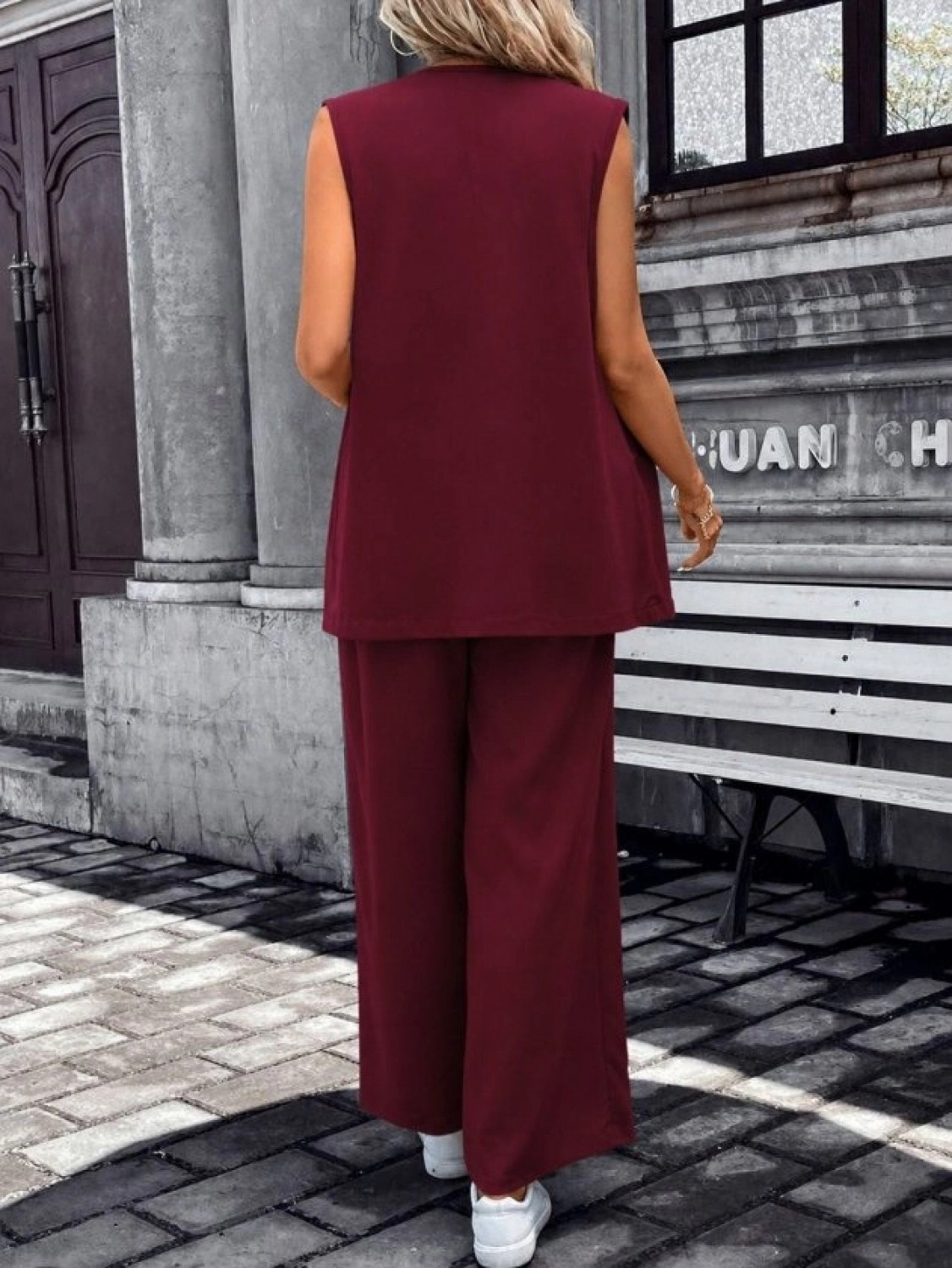 Pileli Store Kadın Kolsuz Önü Açık Yakalı Cepli Janjan Krep Yelek ve Pantolon Ikili Takım görsel 3