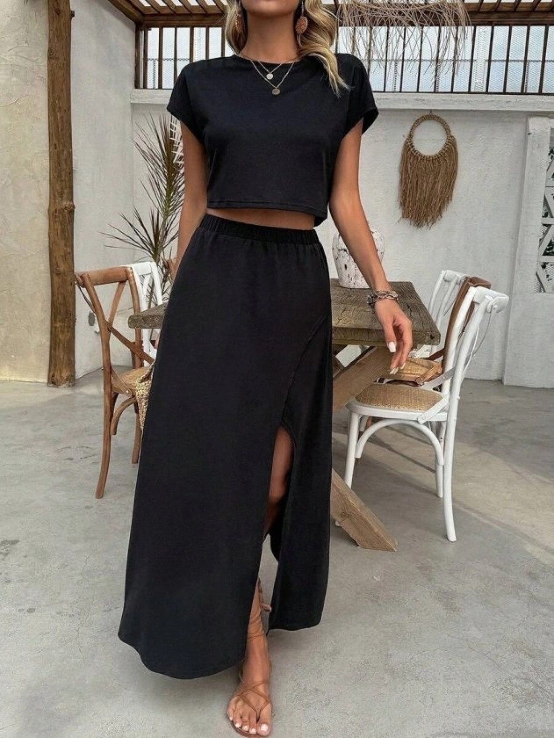 Pileli Store Kadın Kısa Kollu Bisiklet Yaka Viskon Krop Bluz ve Uzun Etek Ikili Takım görsel 3
