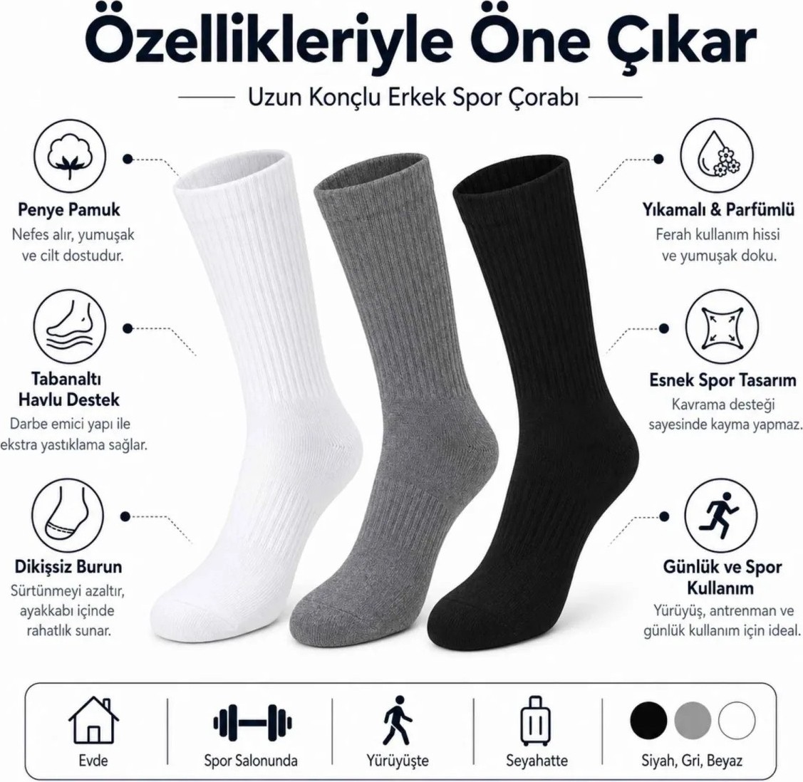Fantezia Wak Erkek Spor Çorap 12 Çift, Taban Altı Havlu Destekli Penye Pamuklu Uzun Konç Çorap görsel 5
