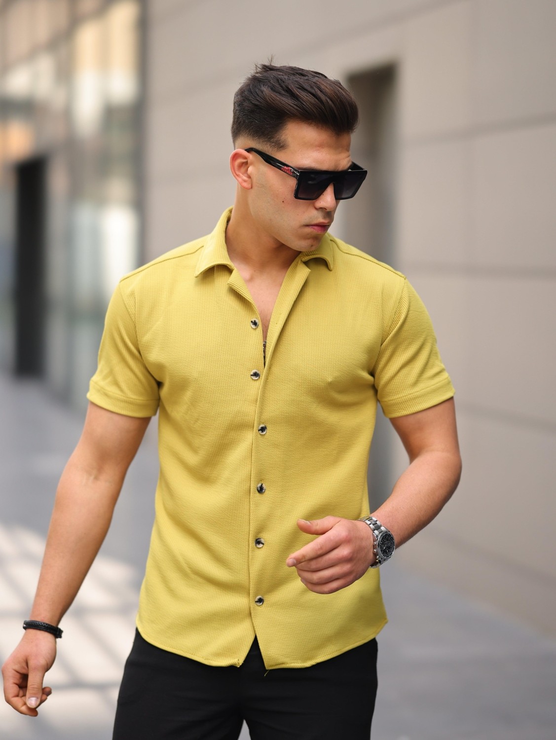 Comstarmoda Erkek Yazlık Likralı Slim Fit Gömlek Yaka Kısa Kollu Gömlek