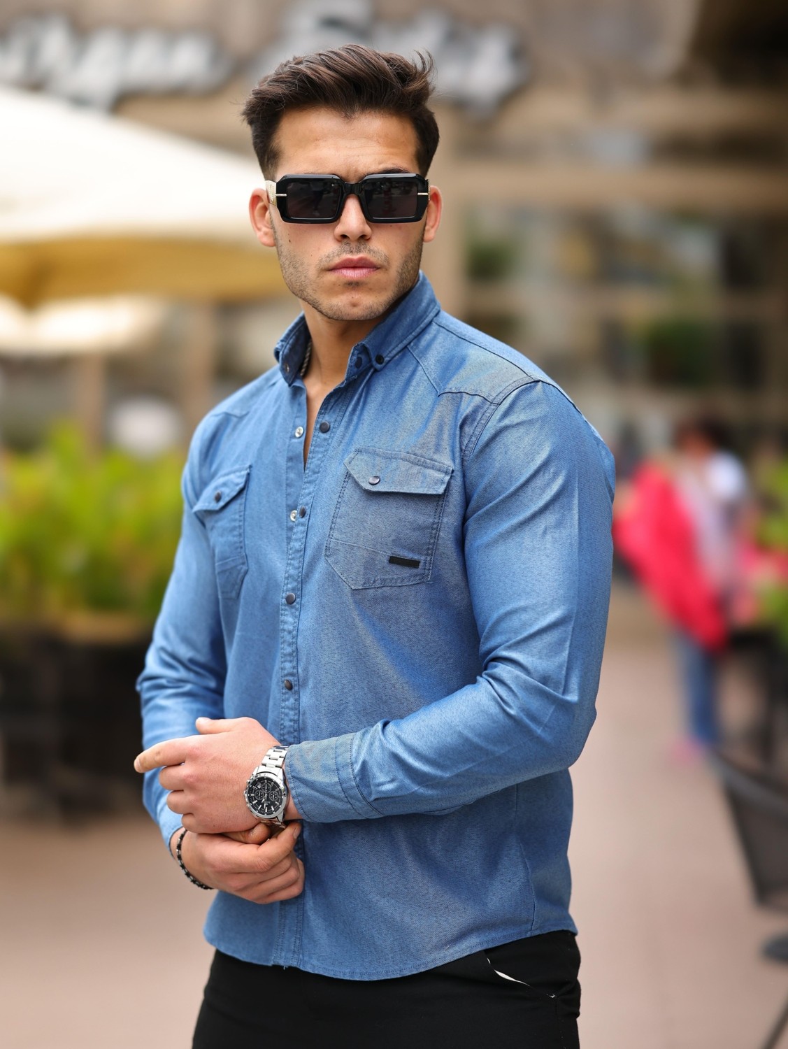 Comstar Erkek Slim Fit Çift Cepli Kot Gömlek