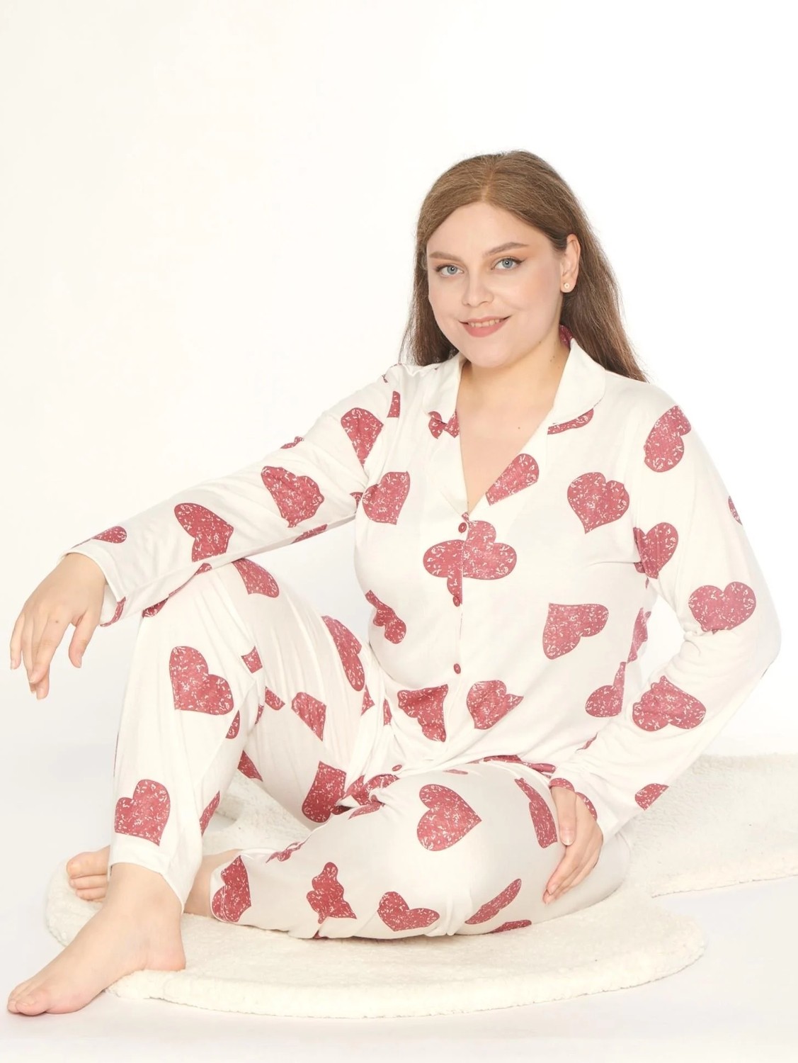 Boydan Düğmeli Battal Kalp Desen Uzun Kol Pijama Takım Mevsimlik Alperi B790-47 görsel 2
