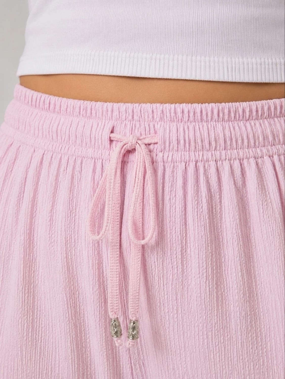 Hace Bazaar Kadın Battal Beden Bürümcük Kumaş Beli Lastikli Bağcıklı Bol Paça Palazzo Pantolon - Pembe görsel 2