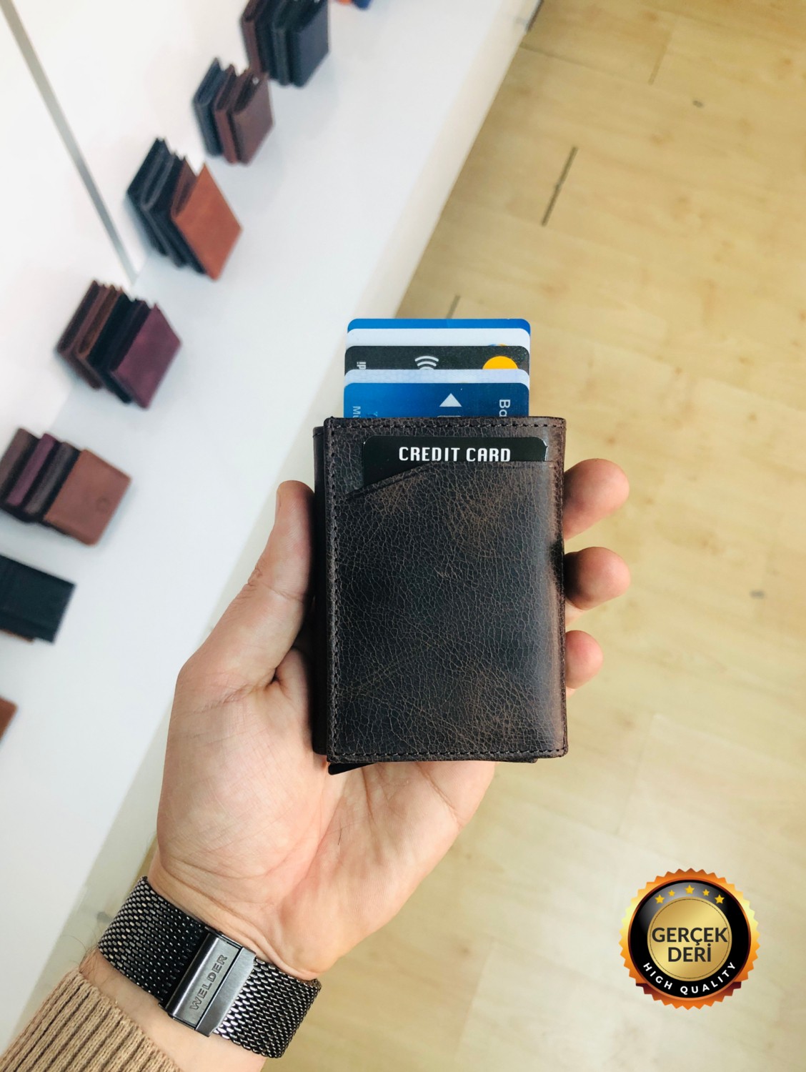 Derius Siyah Hakiki Deri Kartlık Cüzdan Dikey Otomatik Mekanizmalı Modern Tasarım