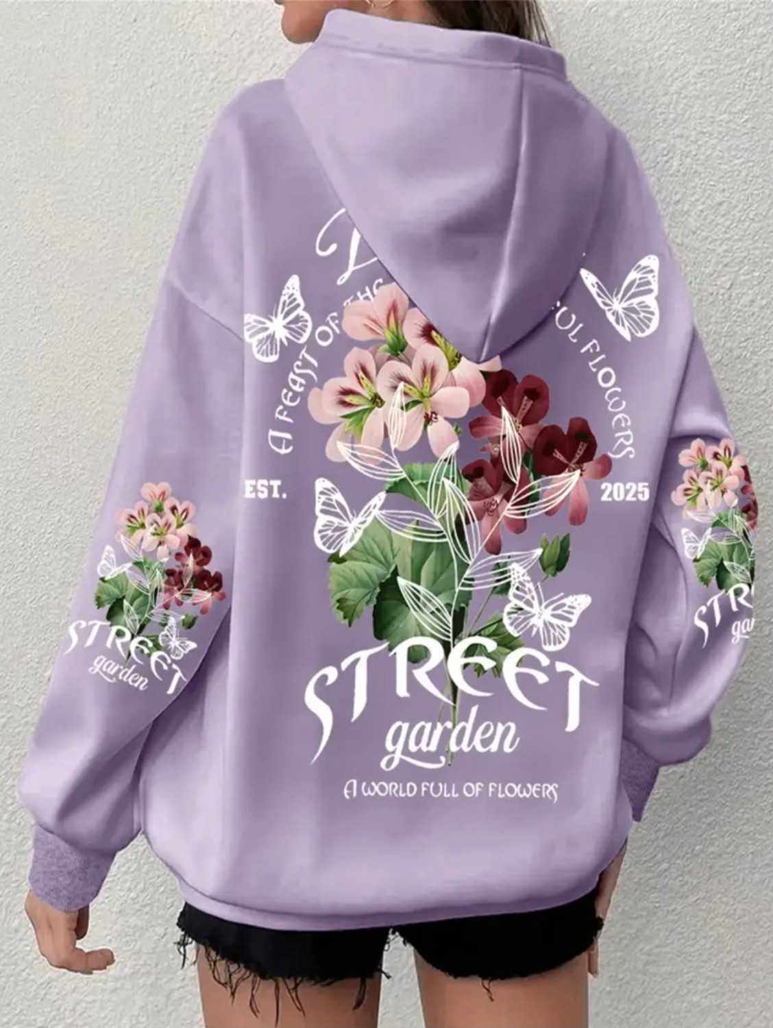 Amor Face Büyük Beden Özel Tasarım Kapüşonlu Street Garden Sırt Baskılı Oversize Kadın Sweatshırt görsel 6