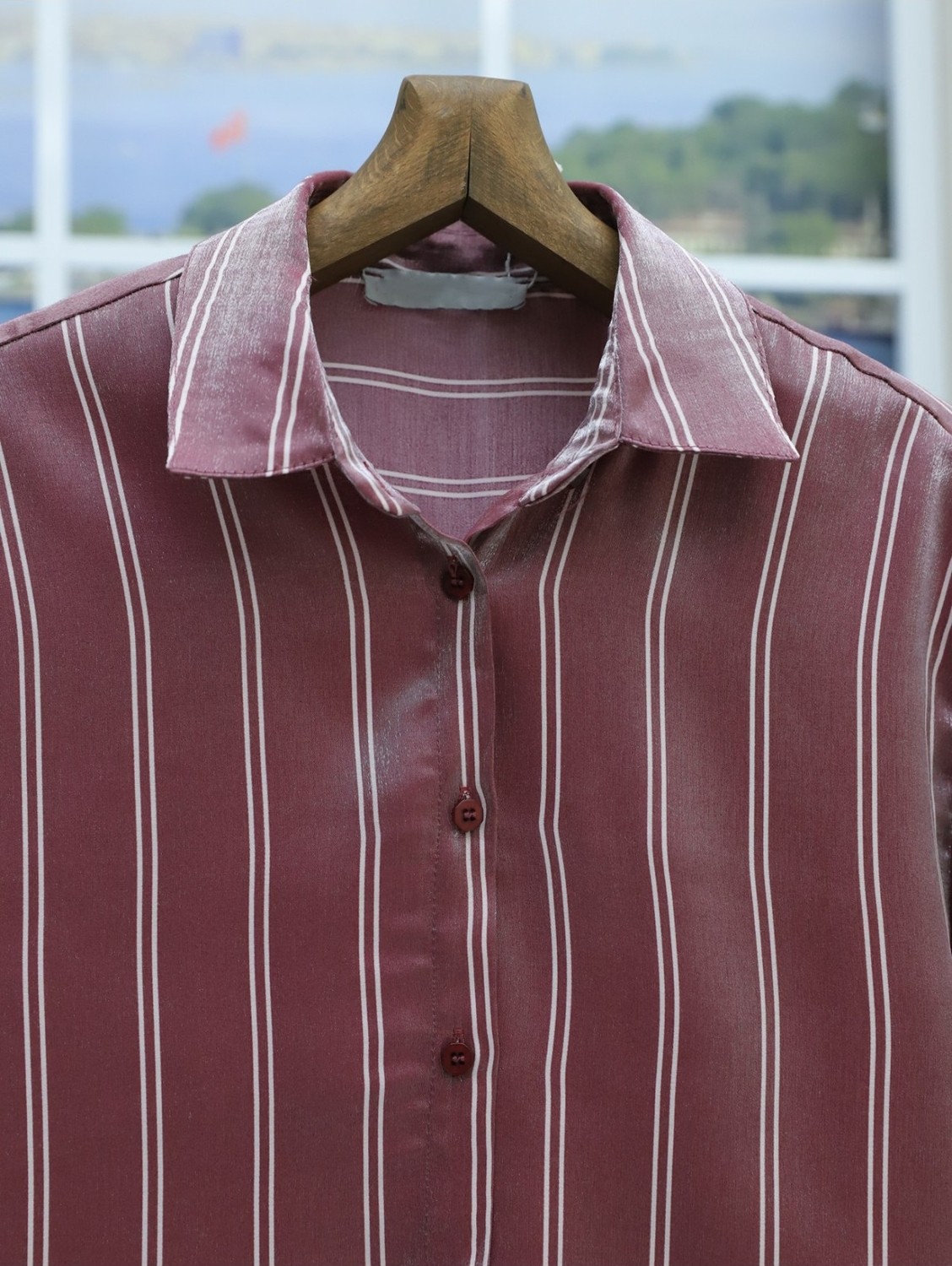 Moda Morfo Çizgili Janjanlı Gömlek -Bordo görsel 3