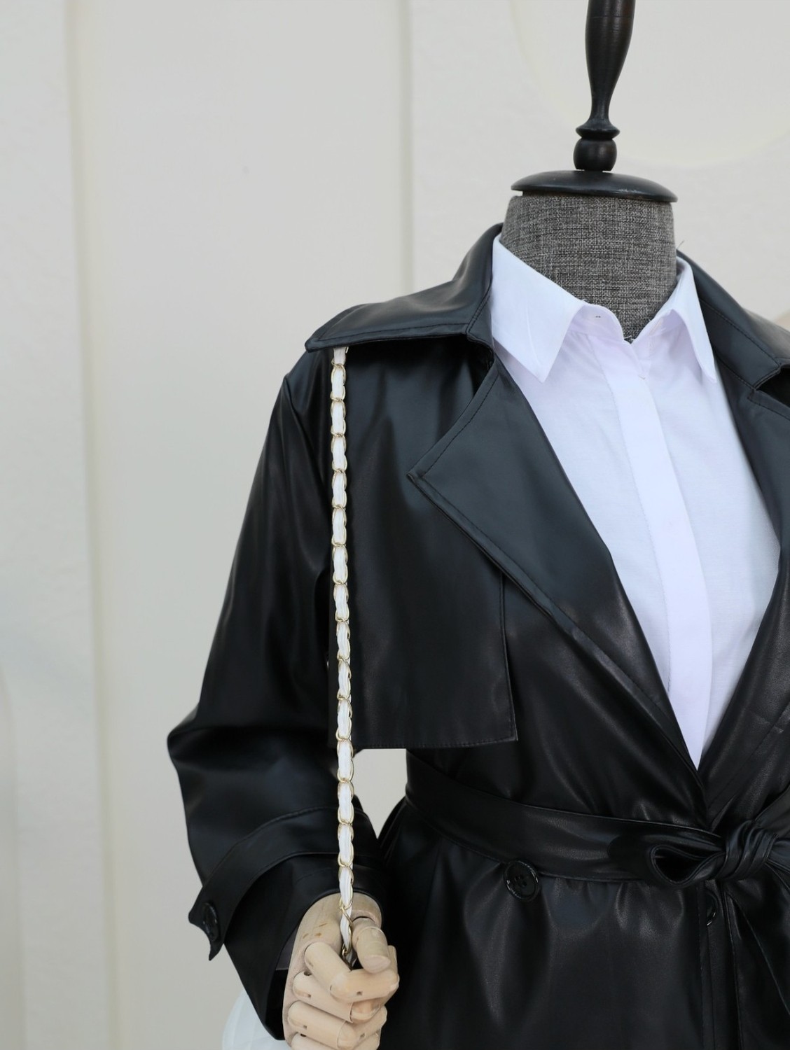 Moda Morfo Bolerolu Beli Bağcıklı Uzun Deri Kap -Siyah görsel 3