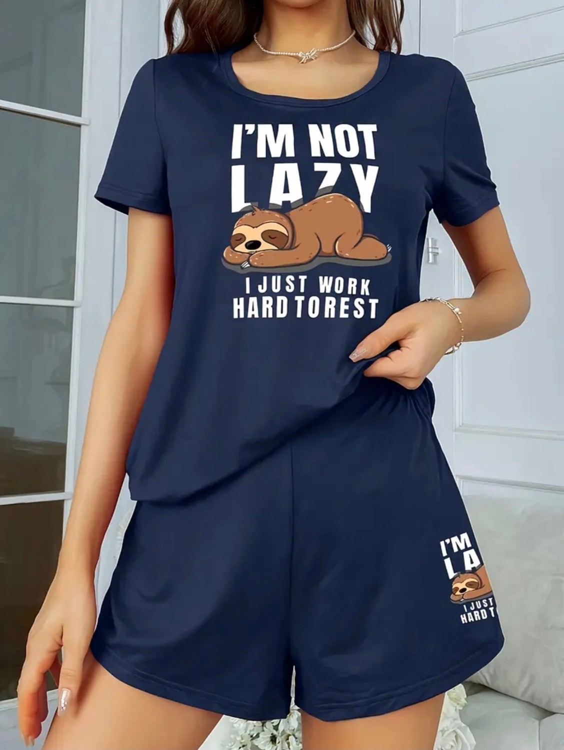 Nigrum Pardus Nıgrum Pardus Yeniz Sezon I'am Not Lazy Baskılı %100 Pamuk Büyük Beden Kadın T-Shirt Şort Takım görsel 2