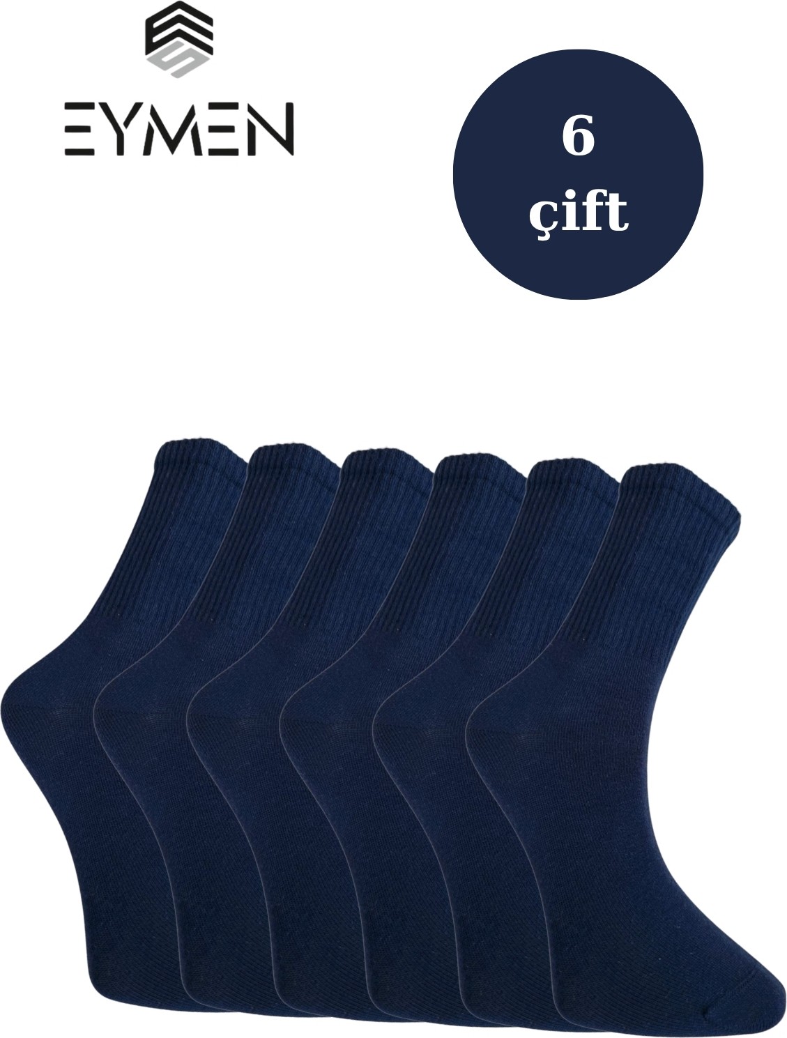 Eymen Socks 6'lı Paket Unisex Kolej & Tenis Çorabı Düz Renk Siyah | Pamuklu Uzun (Kadın & Erkek)