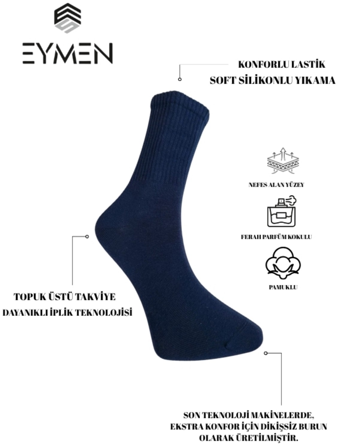 Eymen Socks 6'lı Paket Unisex Kolej & Tenis Çorabı Düz Renk Siyah | Pamuklu Uzun (Kadın & Erkek) görsel 2